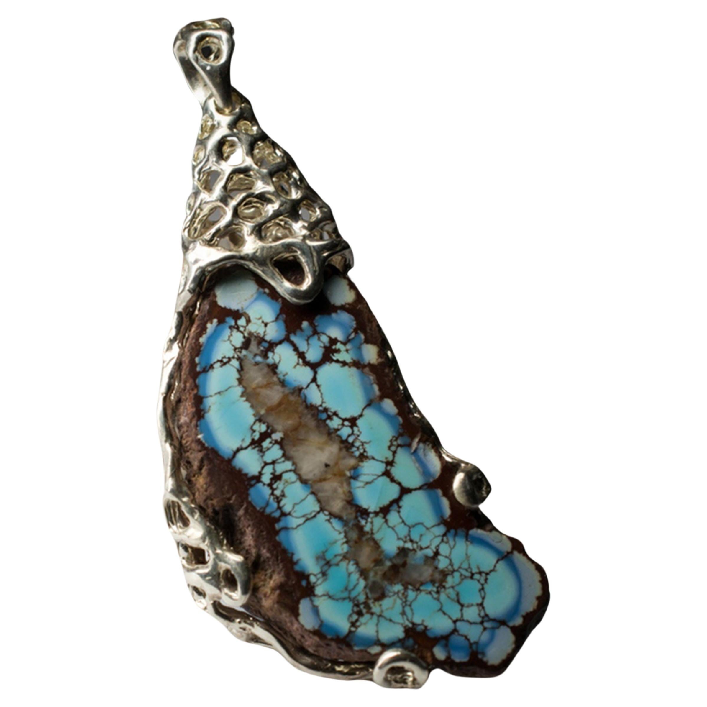Turquoise Silver Pendant Raw Uncut Polychrome Patterned Natural Vintage Gemstone For Sale