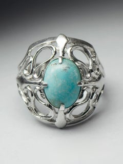 Turquoise Silver Ring Art Nouveau style natural cabochon blue gemstone gift