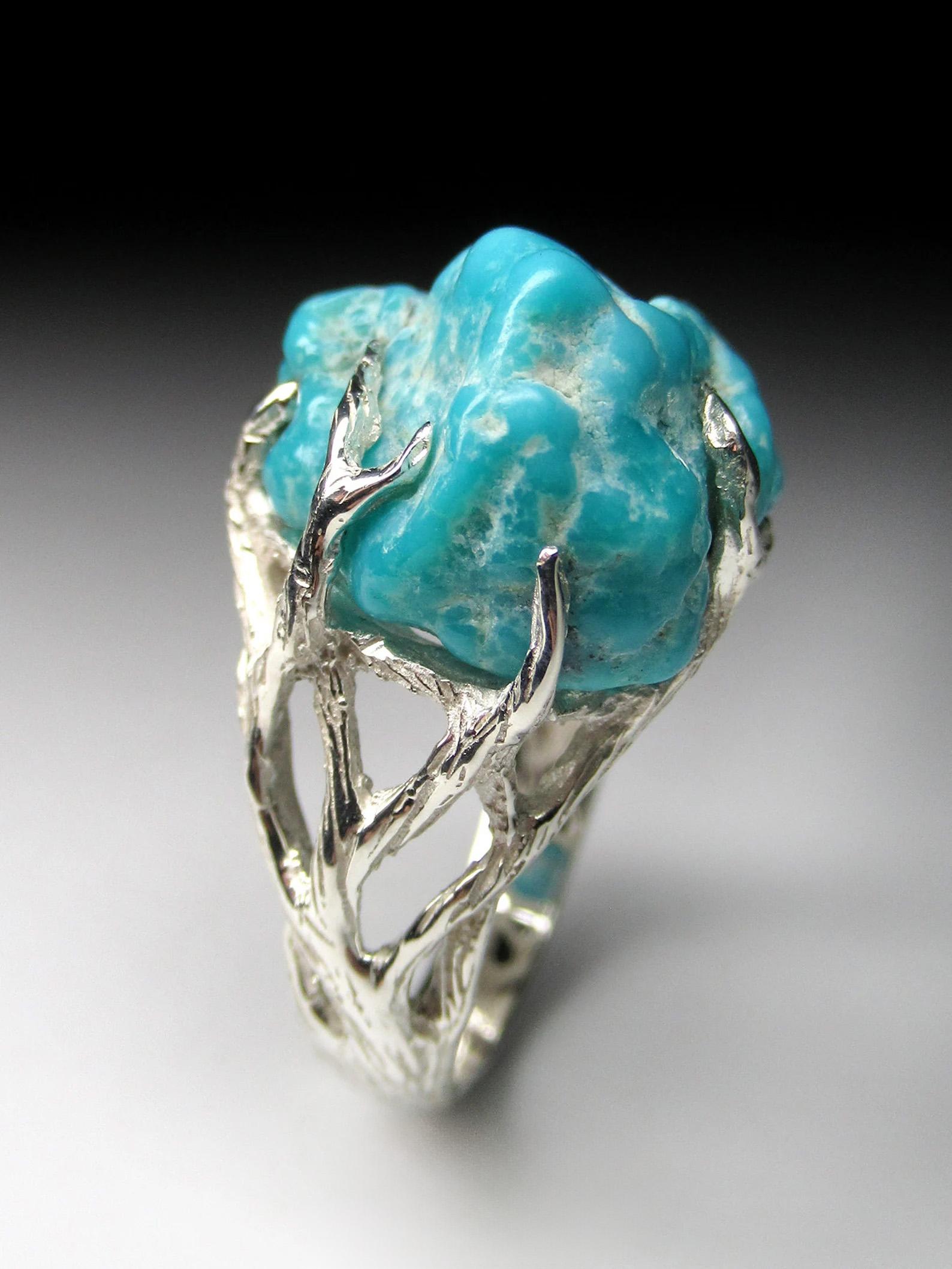 Turquoise Silver Ring Natural Blue Raw Beauty Gemstone Unisex Vintage Jewelry For Sale 5