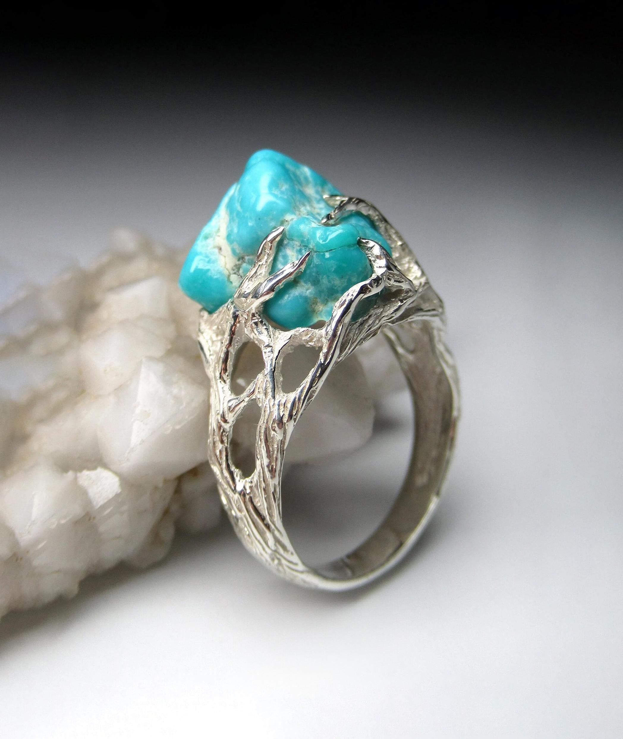 Silver ring with fine quality natural raw Turquoise 
gemstone origin - Arizona
turquoise measurements - 0.35 x 0.43 x 0.63 in / 11 х 15 х 16 mm
stone weight - 8.75 carat
ring size - 7.5 US
ring weight - 5.61 grams