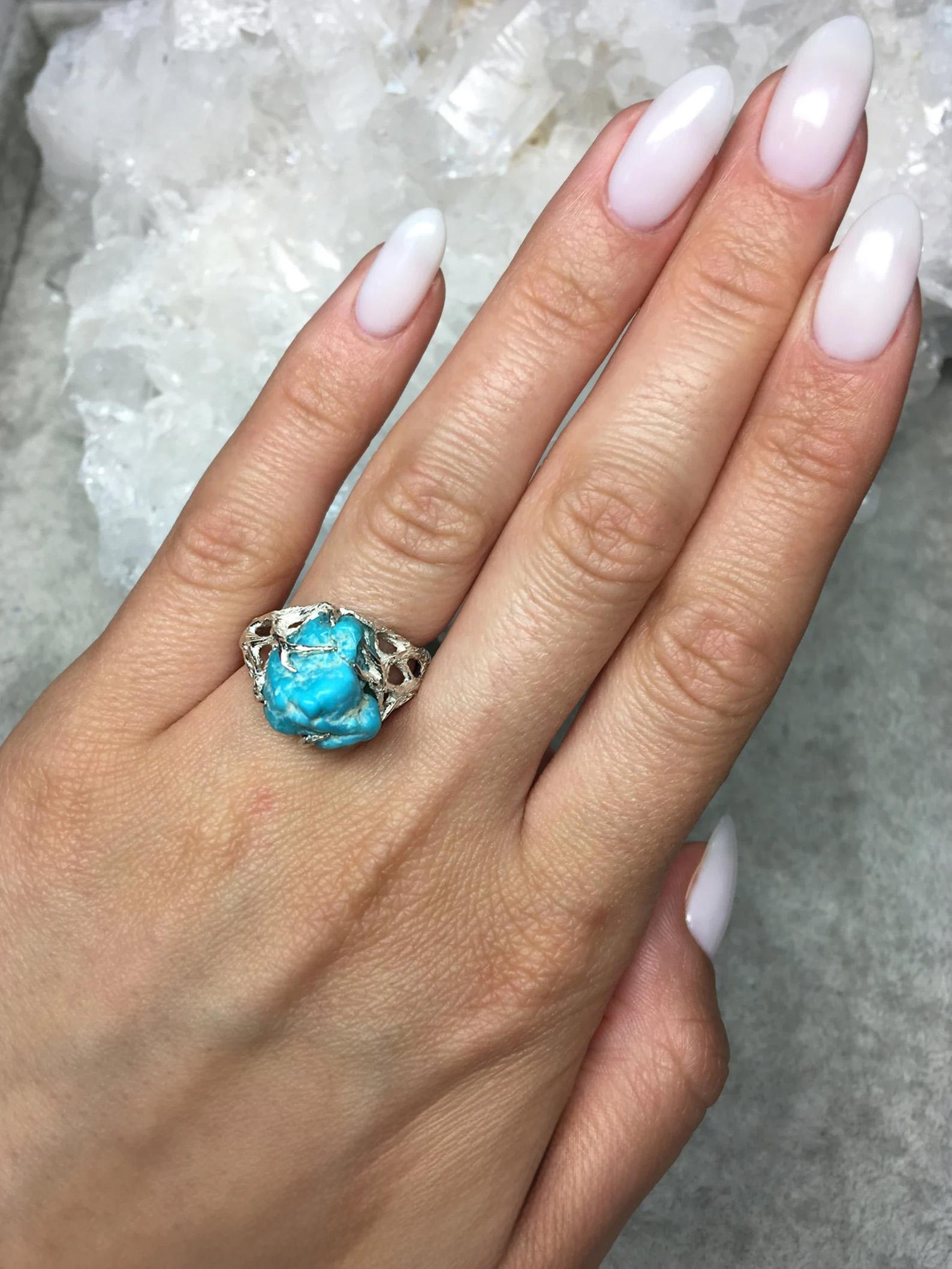 Artisan Turquoise Silver Ring Natural Blue Raw Beauty Gemstone Unisex Vintage Jewelry For Sale