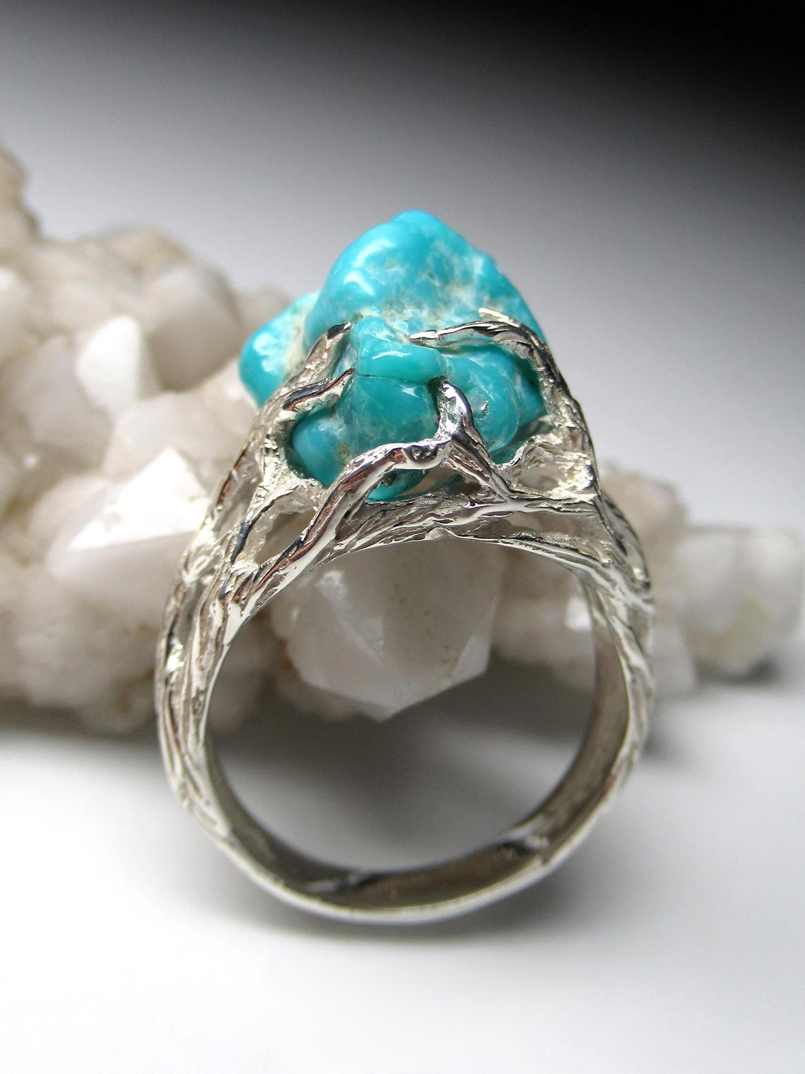 Uncut Turquoise Silver Ring Natural Blue Raw Beauty Gemstone Unisex Vintage Jewelry For Sale
