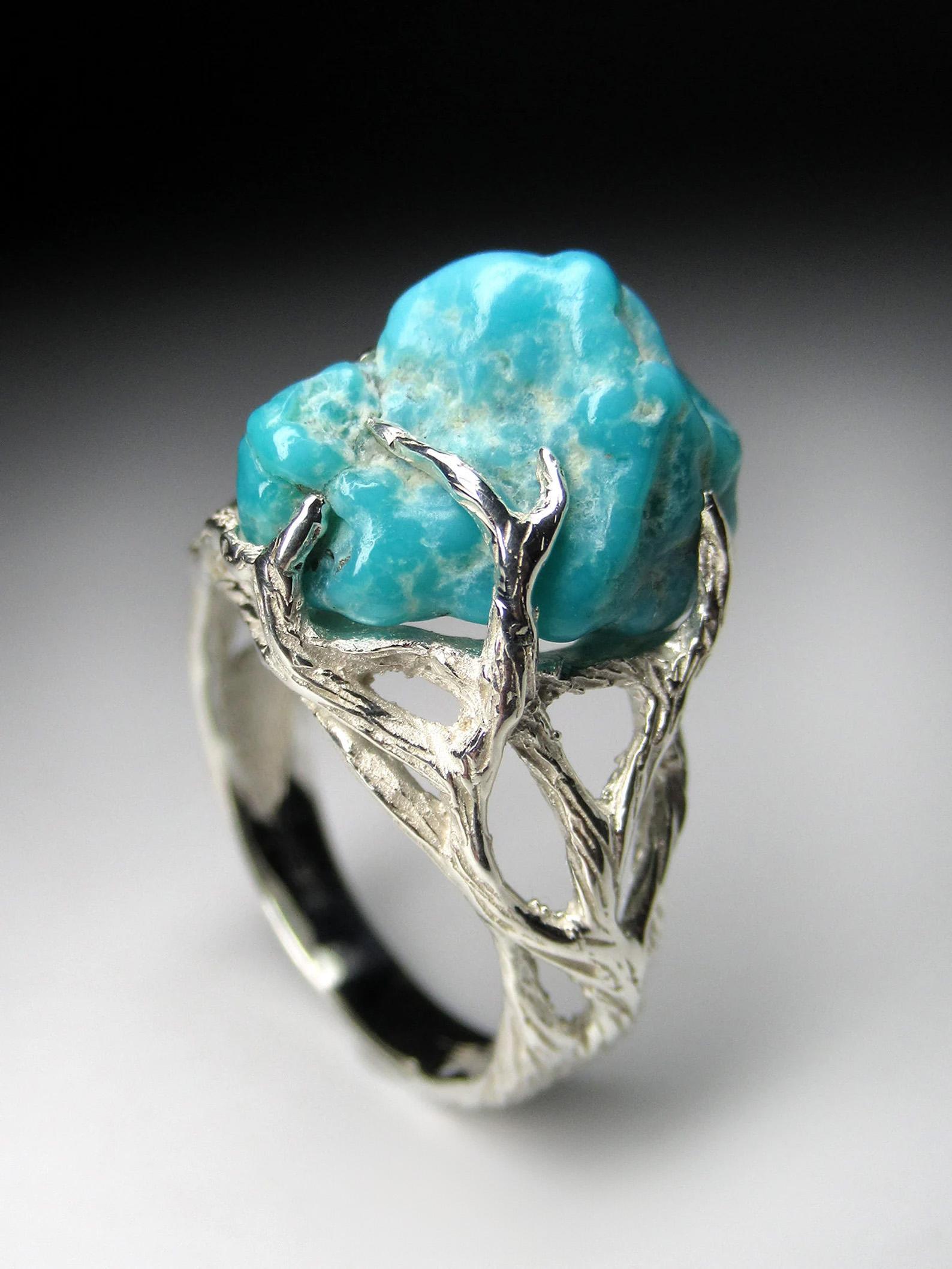 Turquoise Silver Ring Natural Blue Raw Beauty Gemstone Unisex Vintage Jewelry In New Condition For Sale In Berlin, DE