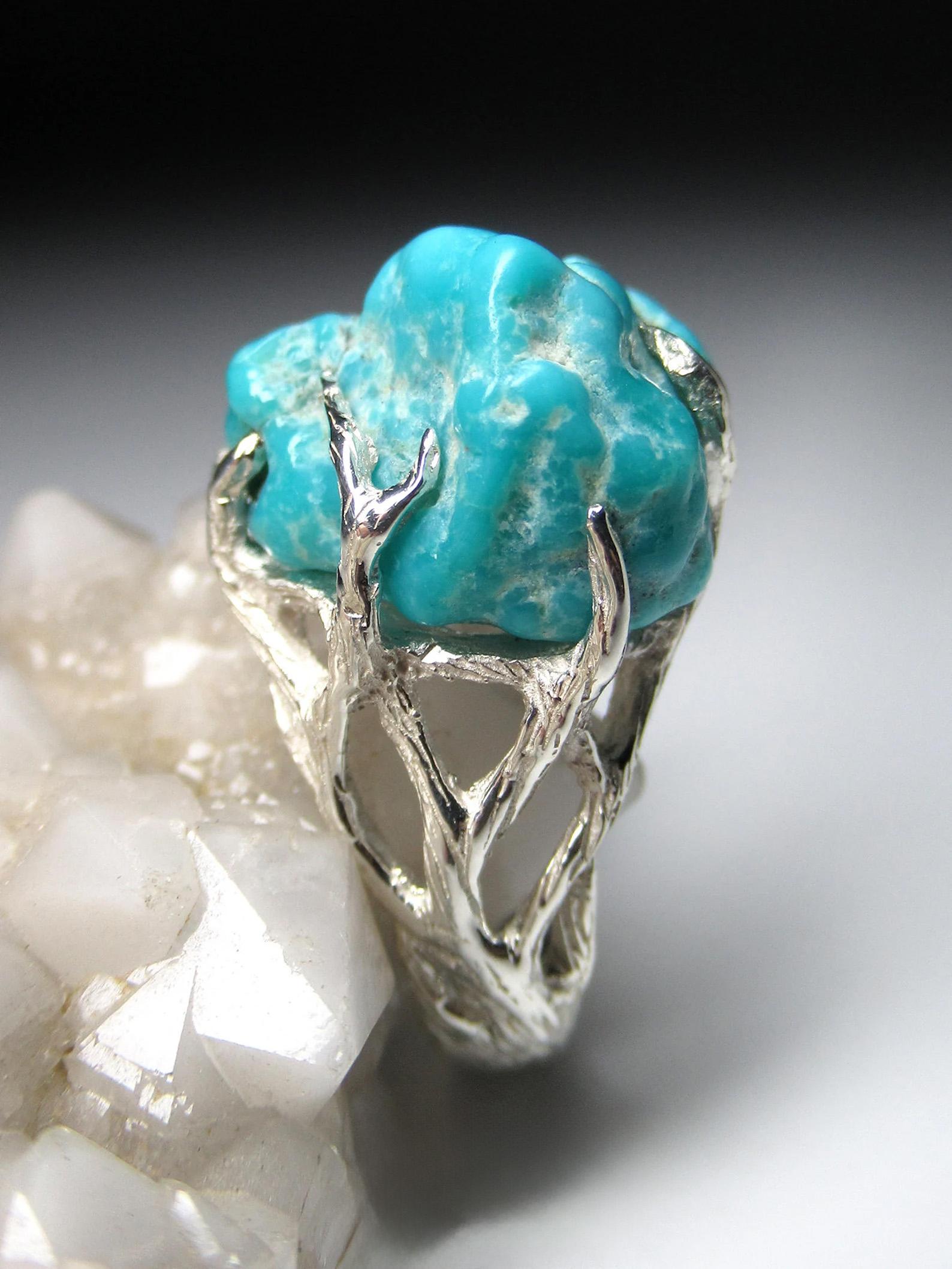 Turquoise Silver Ring Natural Blue Raw Beauty Gemstone Unisex Vintage Jewelry For Sale 1