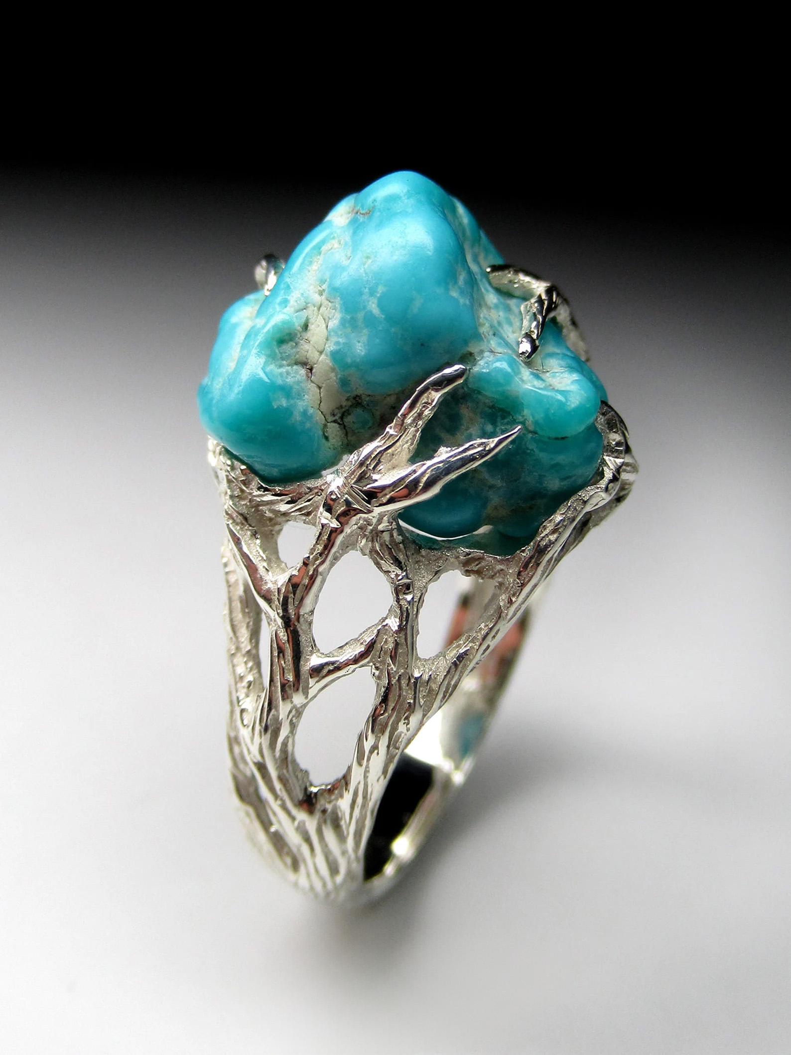 Turquoise Silver Ring Natural Blue Raw Beauty Gemstone Unisex Vintage Jewelry For Sale 2