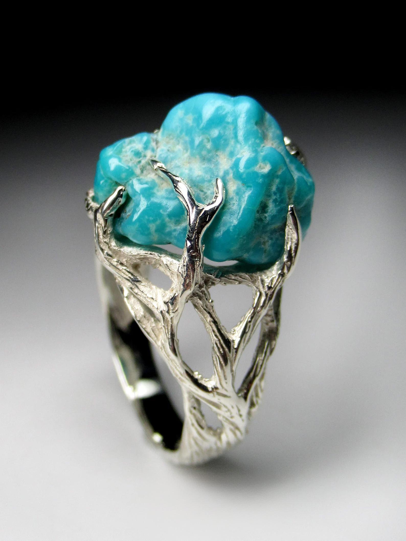 Turquoise Silver Ring Natural Blue Raw Beauty Gemstone Unisex Vintage Jewelry For Sale 3