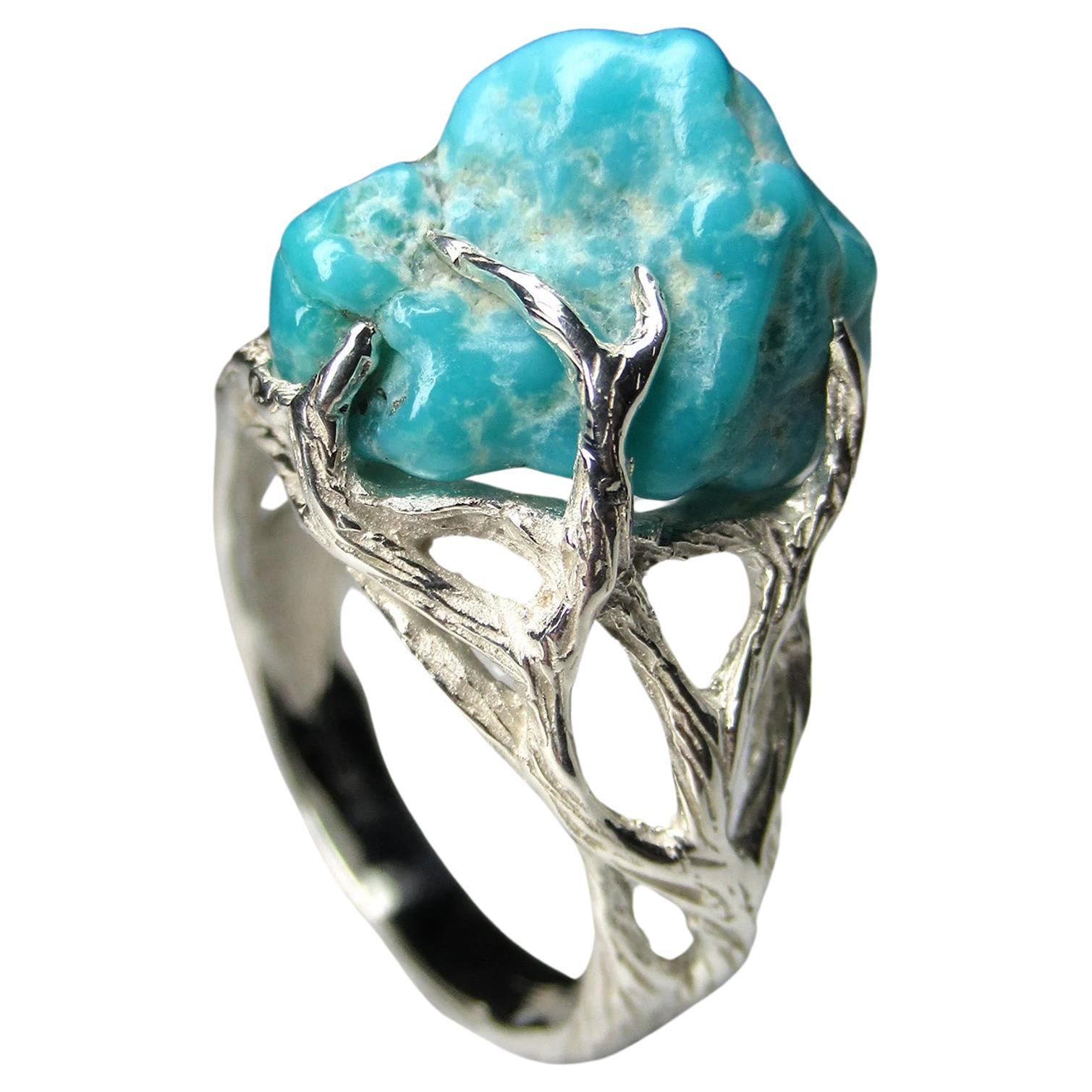 Turquoise Silver Ring Natural Blue Raw Beauty Gemstone Unisex Vintage Jewelry