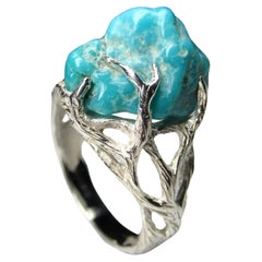 Anello in argento con turchese, pietra preziosa naturale blu grezza Unisex Gioielli Vintage