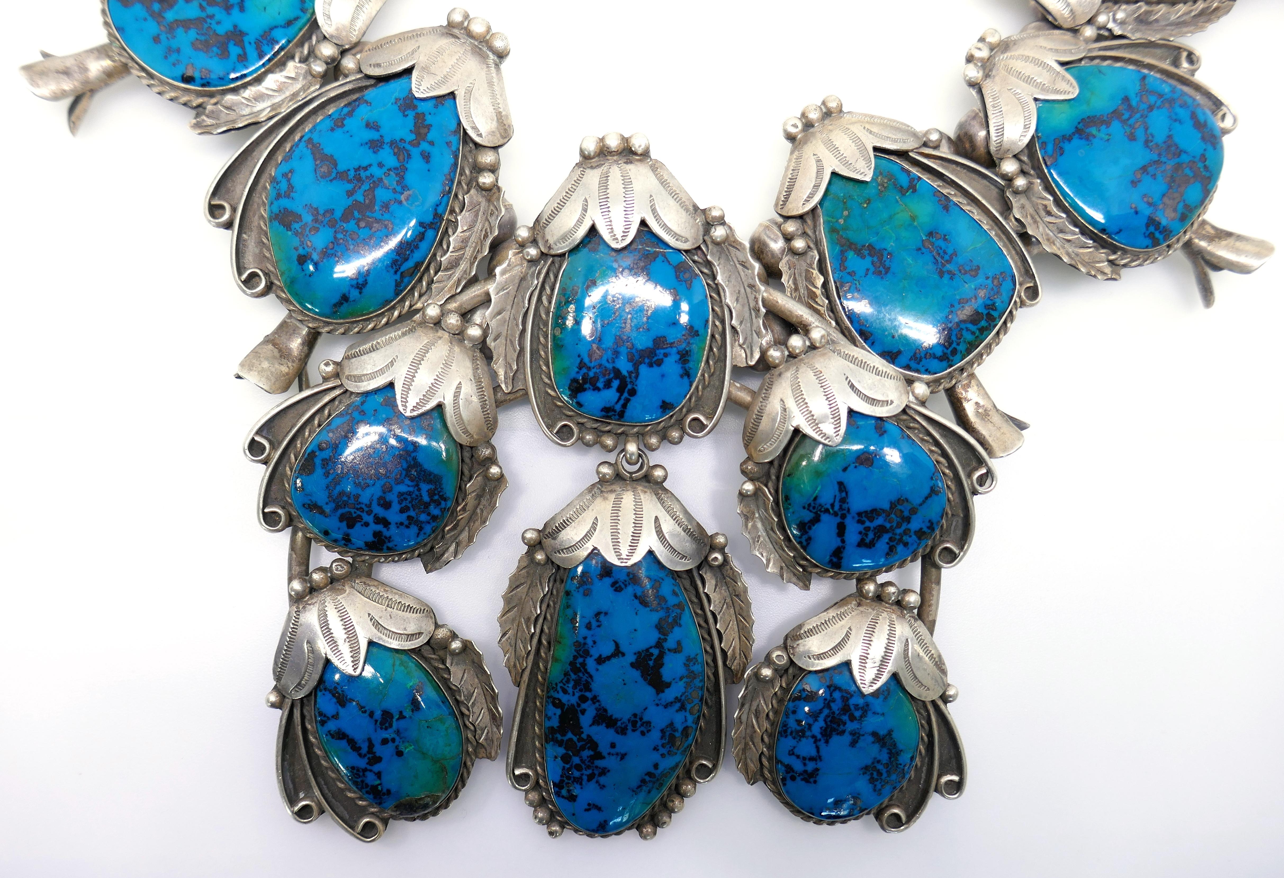 Native American Turquoise Silver Squash Blossom Necklace by Lonnie Miller Navajo 1970s Awarded