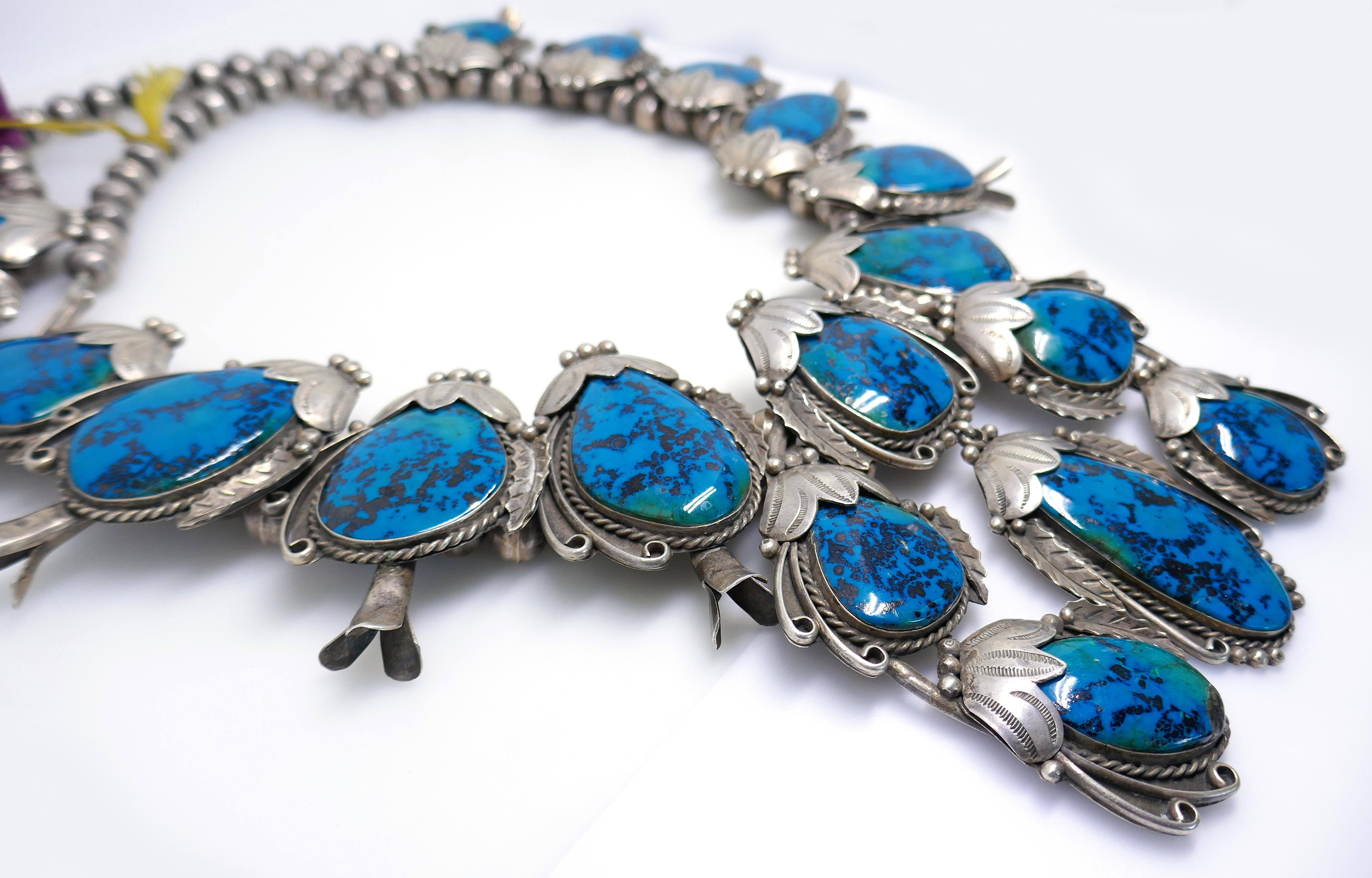 Turquoise Silver Squash Blossom Necklace by Lonnie Miller Navajo 1970s Awarded In Good Condition In Beverly Hills, CA