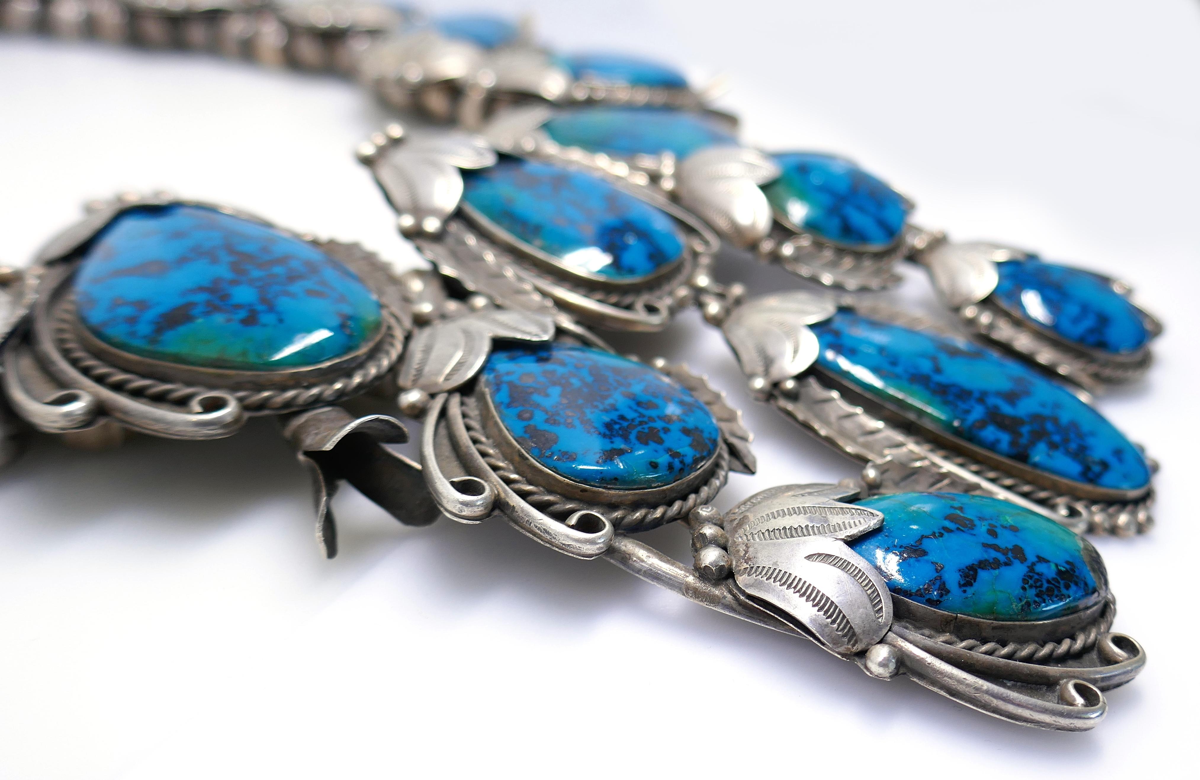 Women's or Men's Turquoise Silver Squash Blossom Necklace by Lonnie Miller Navajo 1970s Awarded