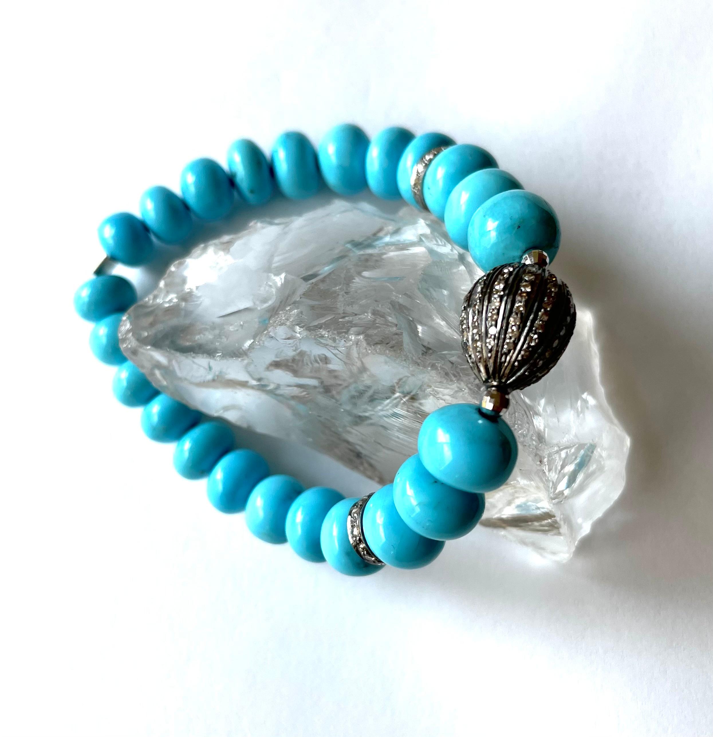 Artisan Turquoise Sleeping Beauty with Pave Diamonds Bracelet For Sale
