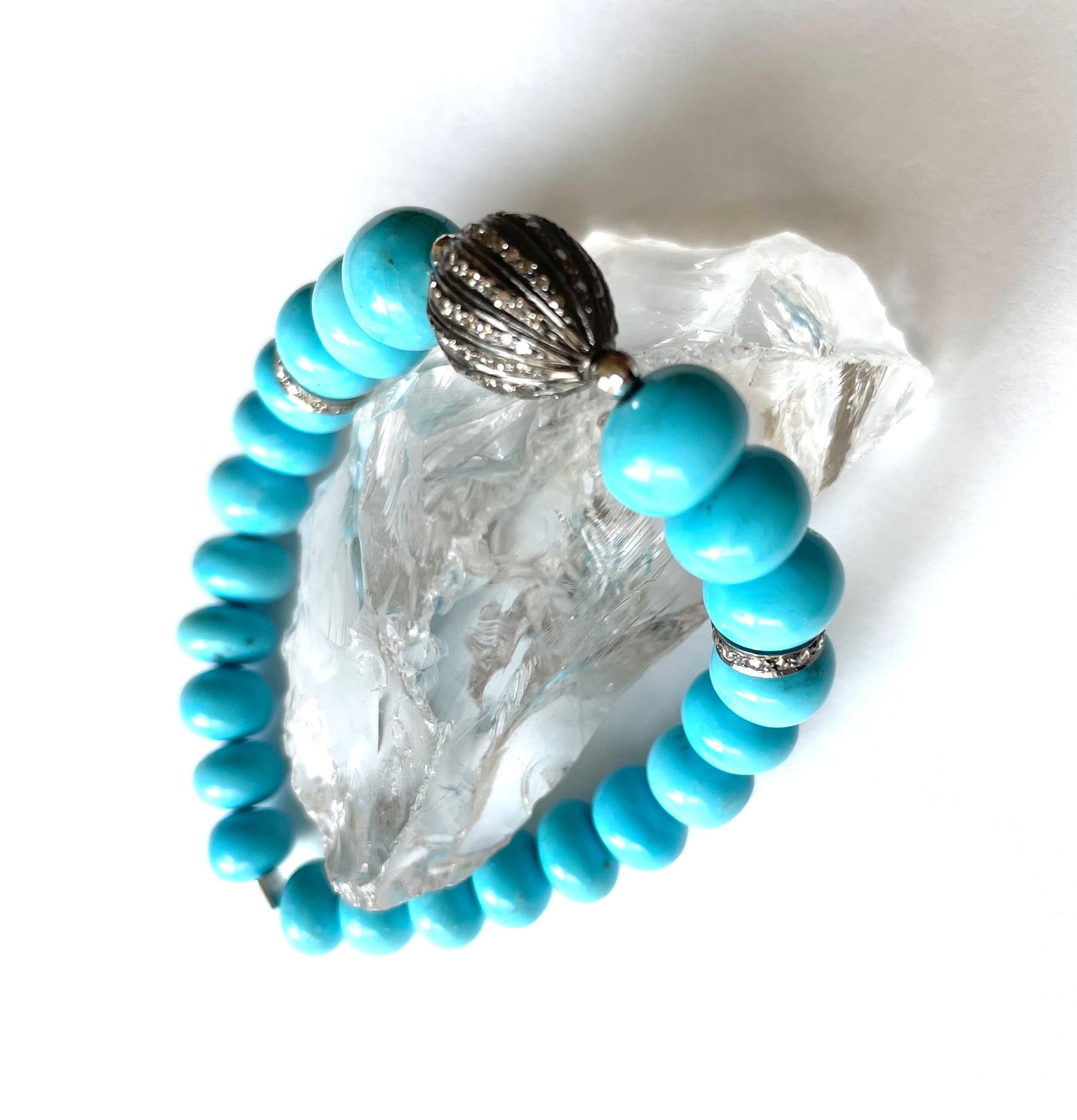 Bead Turquoise Sleeping Beauty with Pave Diamonds Bracelet For Sale