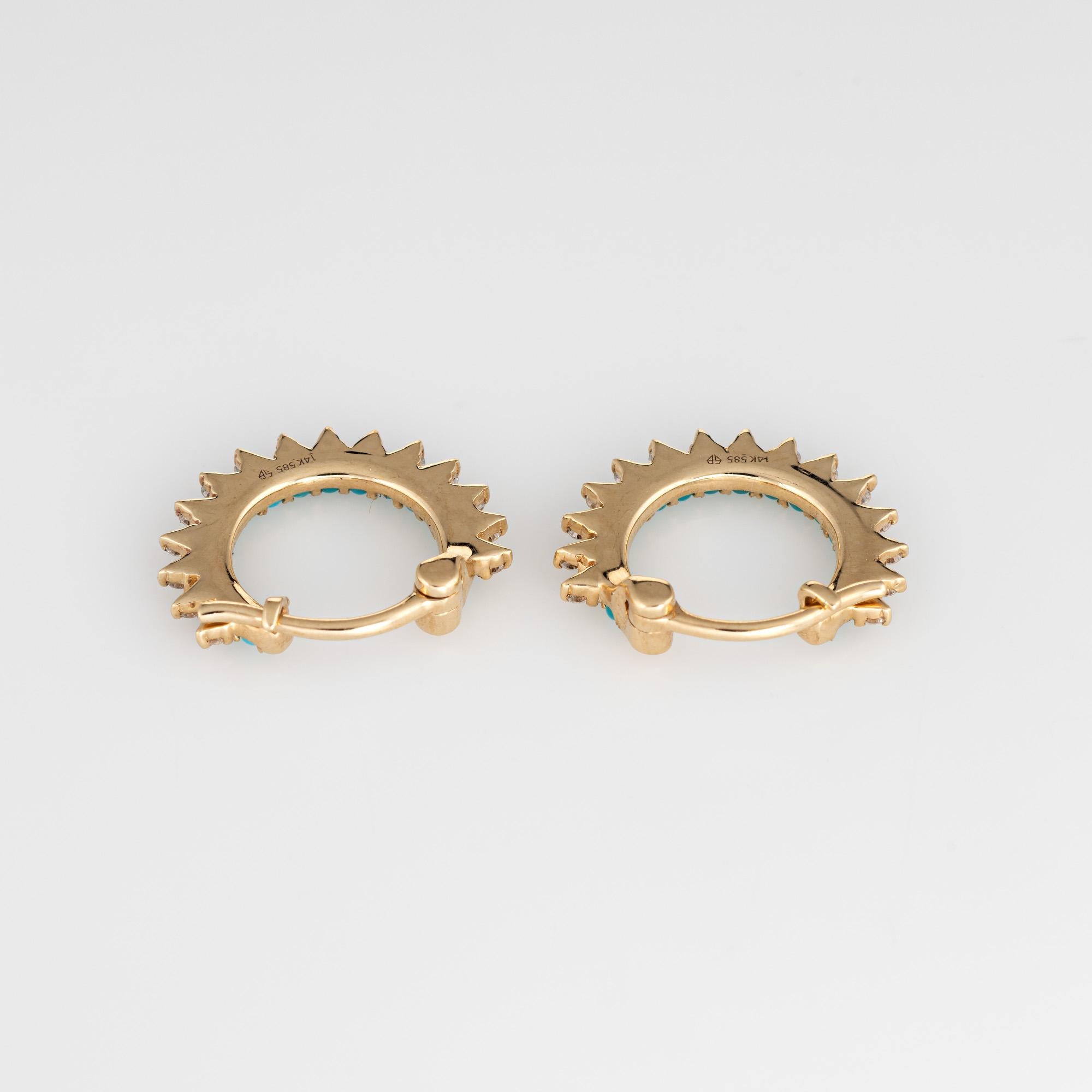 Striking pair of turquoise & diamond small hoop earrings crafted in 14k yellow gold. 

Turquoise cabochons each measure approx. 1.5mm. The diamonds total an estimated 0.15 carats (estimated at H-I color and VS2-SI2 clarity). The turquoise is in