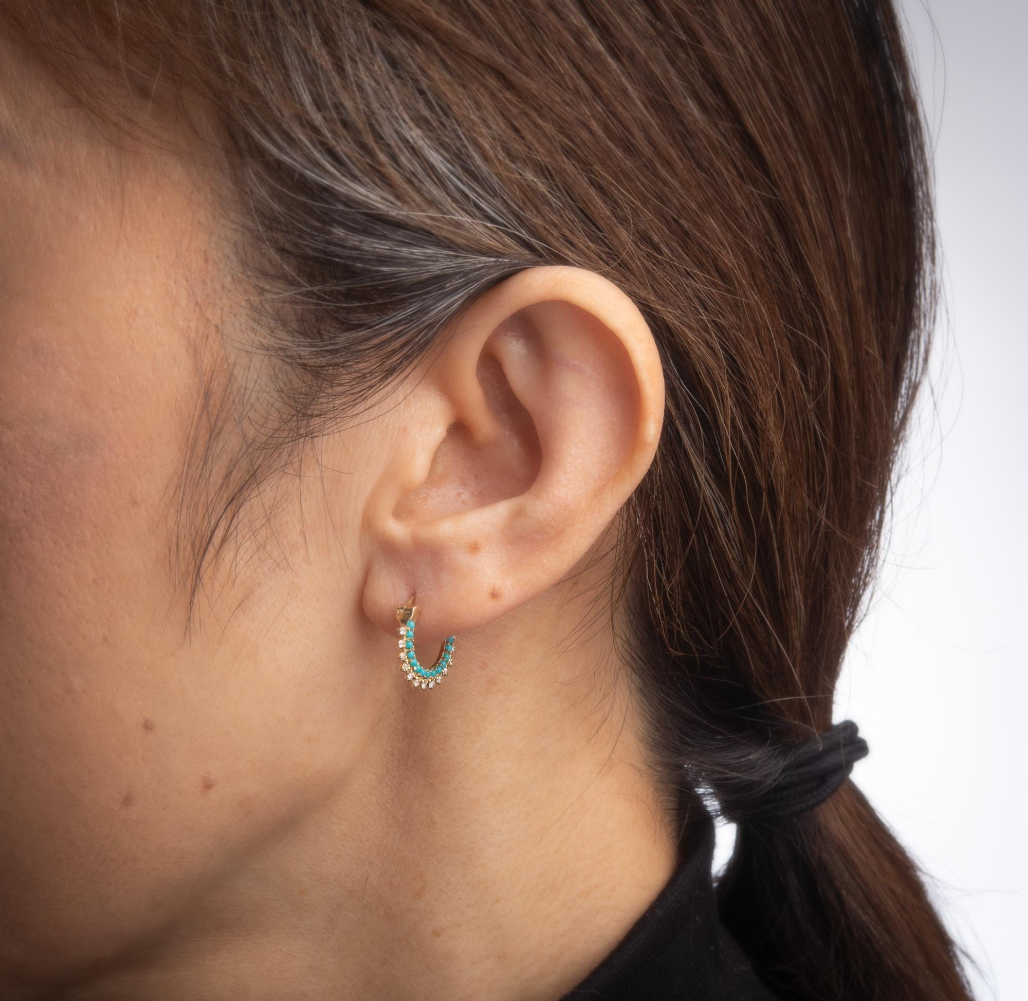 Modern Turquoise Small Hoop Spike Earrings Diamond Small Hoops 14 Karat Yellow Gold