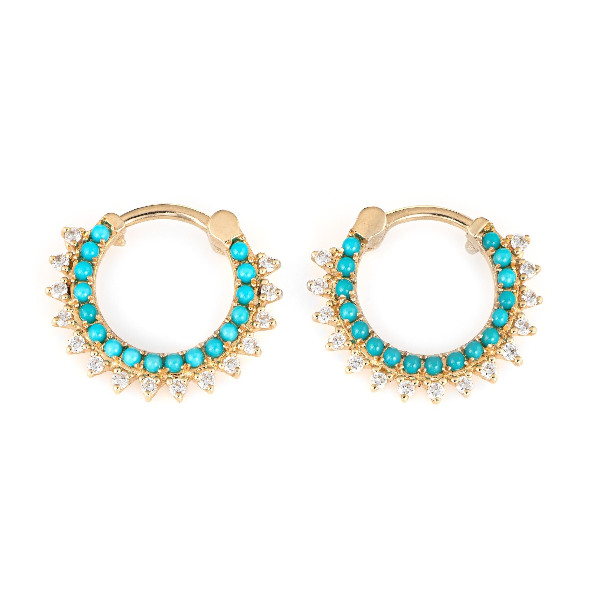 Cabochon Turquoise Small Hoop Spike Earrings Diamond Small Hoops 14 Karat Yellow Gold