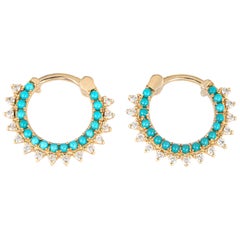 Turquoise Small Hoop Spike Earrings Diamond Small Hoops 14 Karat Yellow Gold