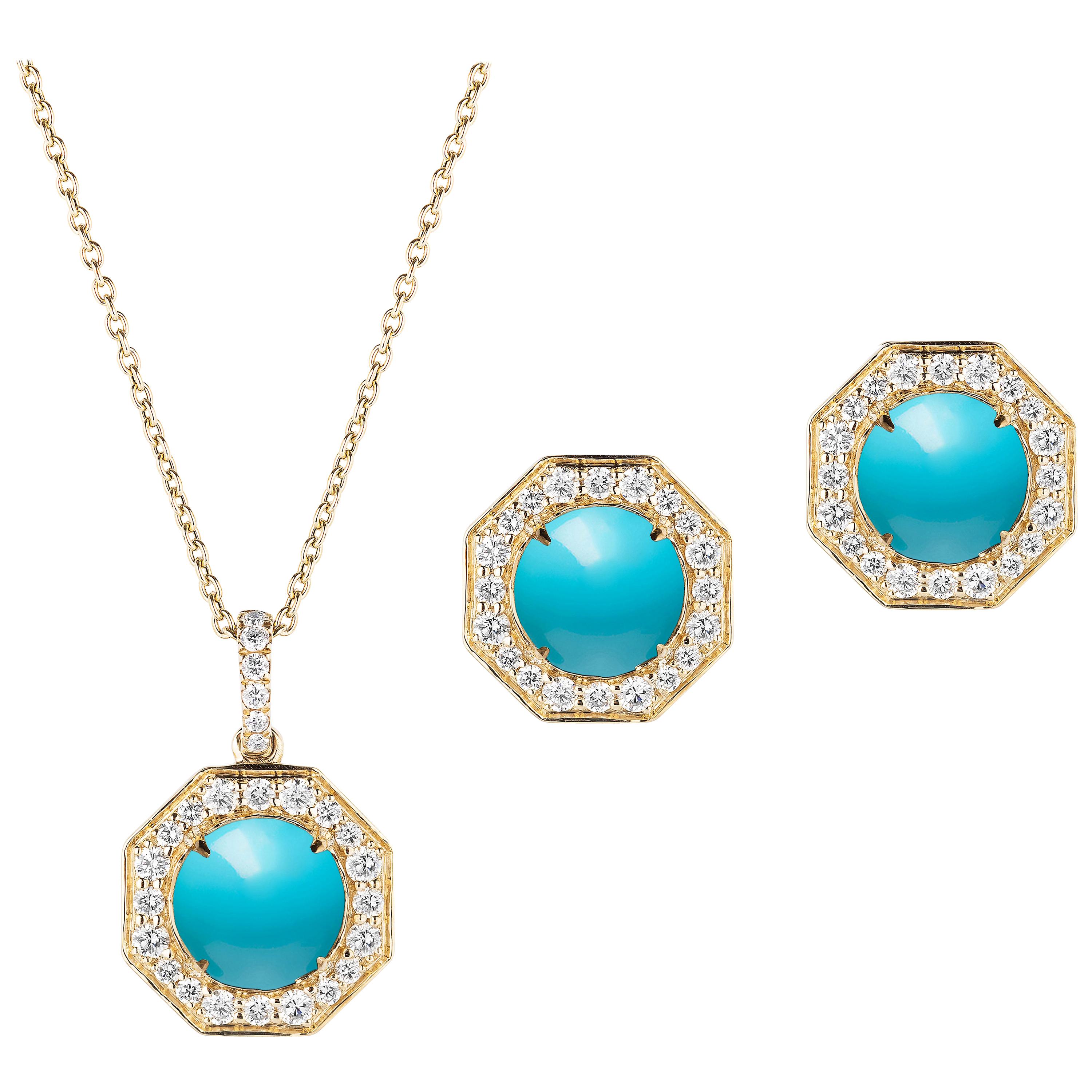 Goshwara Turquoise With Diamonds Earrings & Pendant