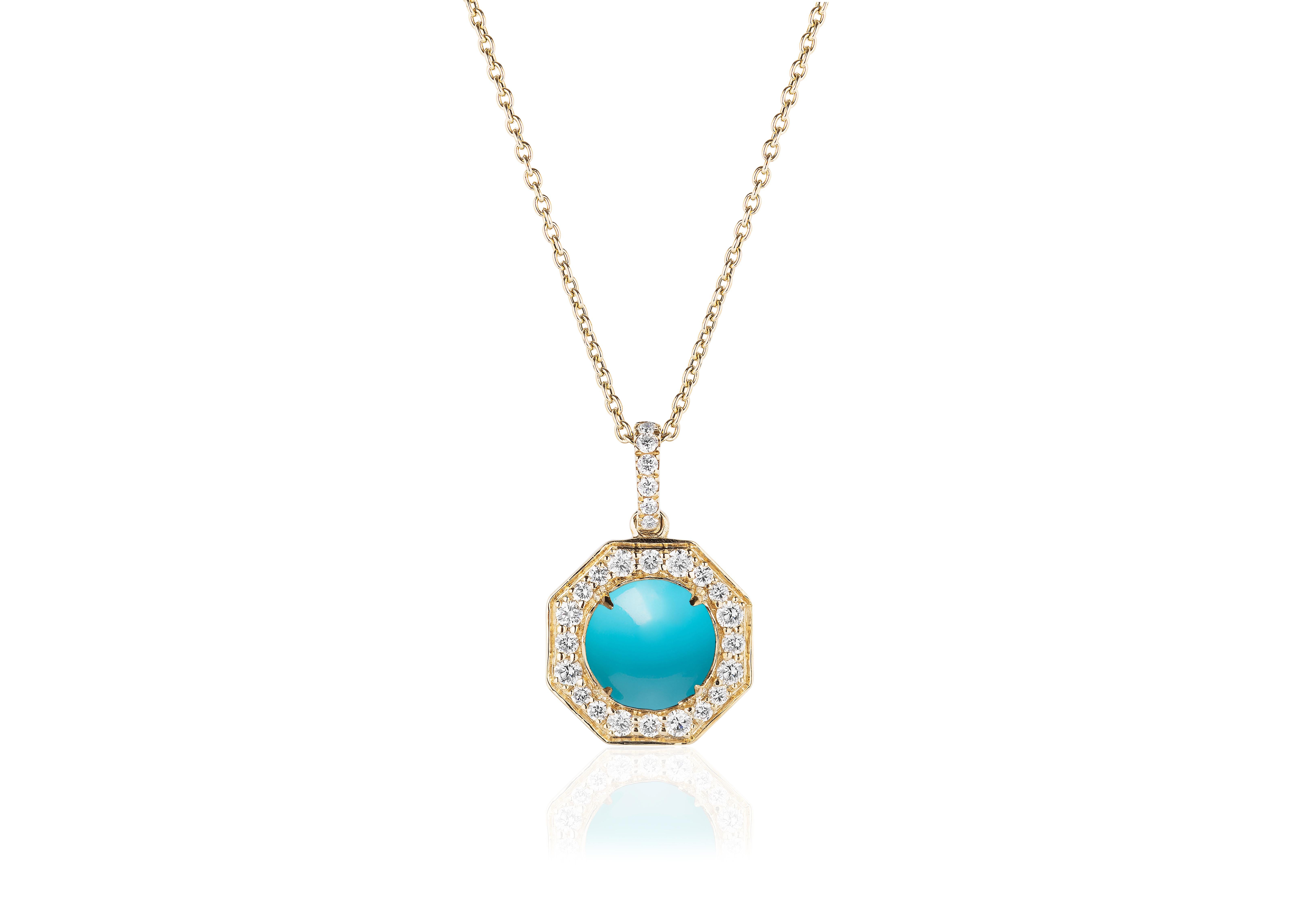 Turquoise Small Pendant with Diamonds in 18k Yellow Gold, from 'Rock N Roll' Collection

Stone Size: 8 mm 

Gemstone Weight:  Turquoise- 1.26 Carats

Diamond: G-H / VS, Approx Wt: 0.36 Carats