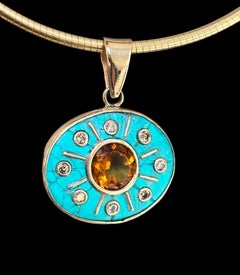 Turquoise SOL Pendant with Citrine, Champagne Diamonds & 14k Gold