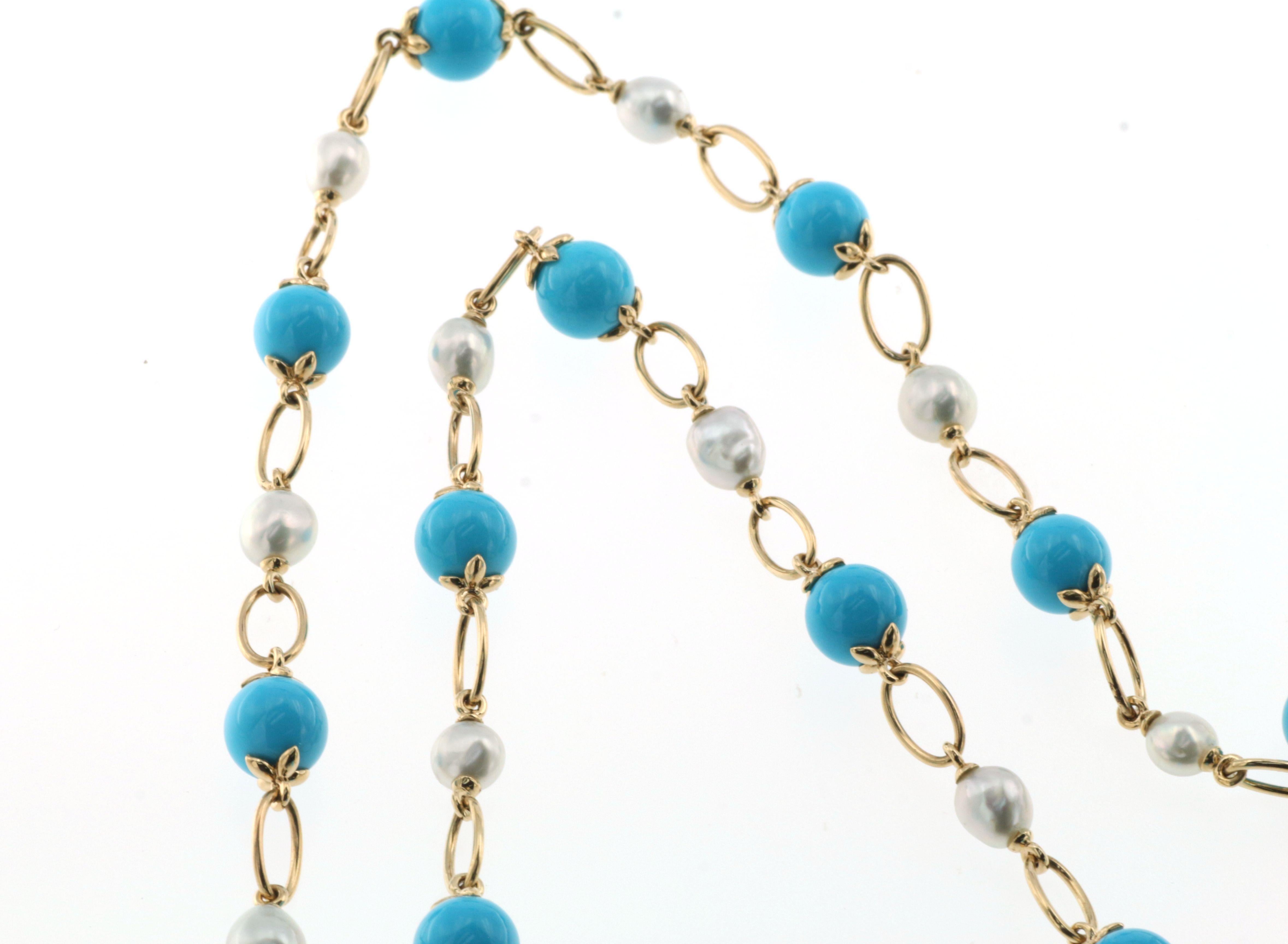 Contemporary Turquoise South Sea Pearl Necklace in 14 Karat Yellow Gold