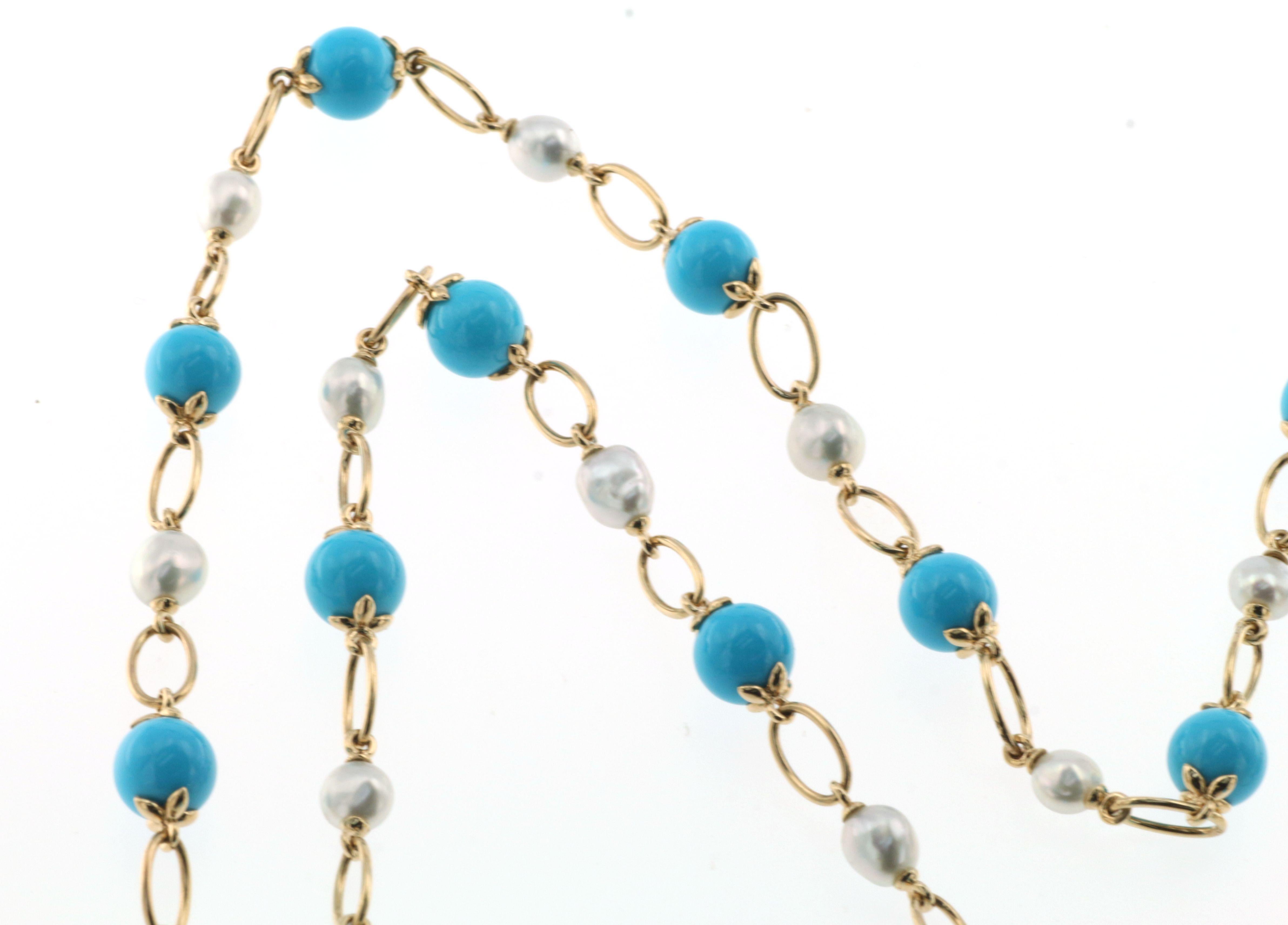Bead Turquoise South Sea Pearl Necklace in 14 Karat Yellow Gold