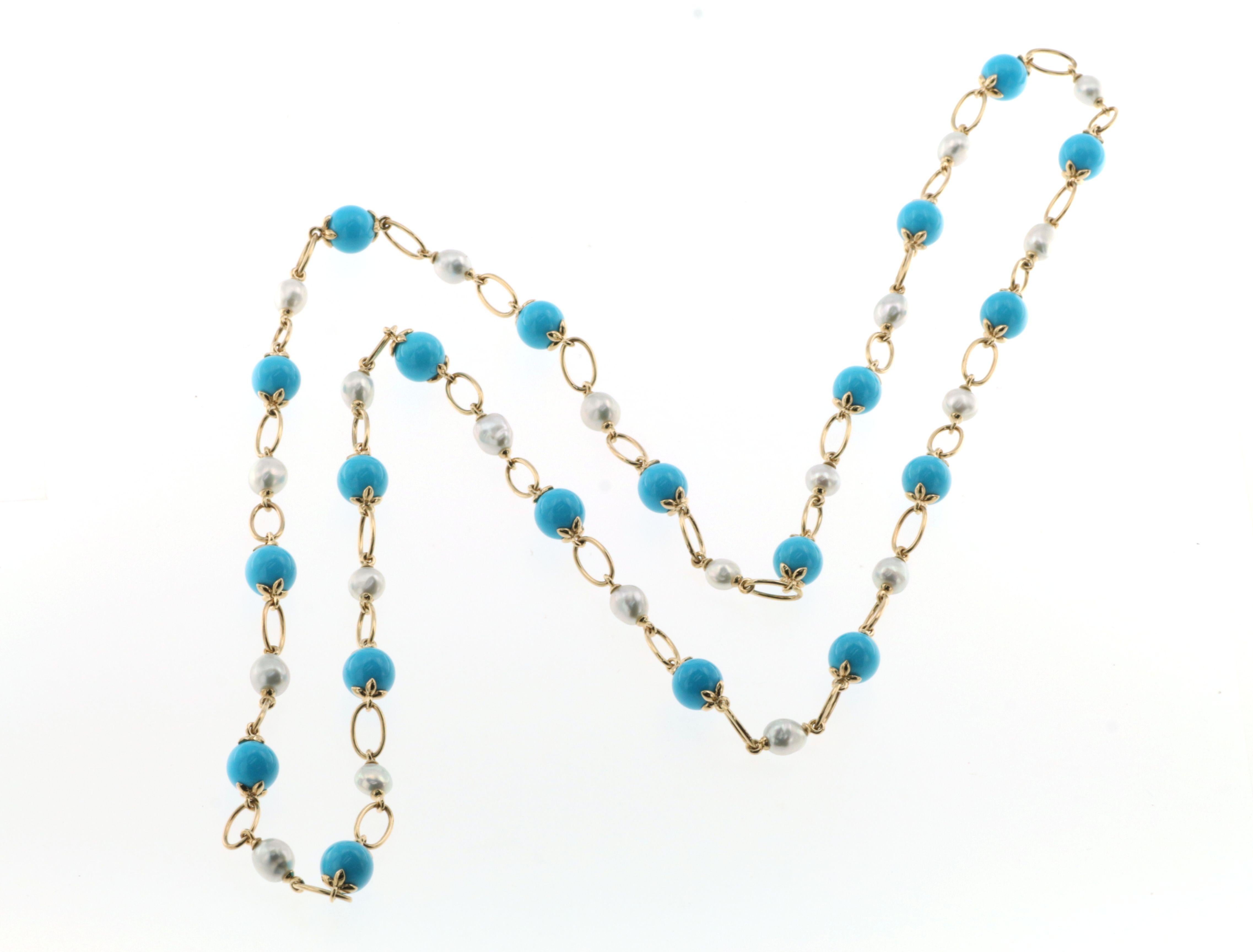 Turquoise South Sea Pearl Necklace in 14 Karat Yellow Gold In New Condition In Hong Kong, HK