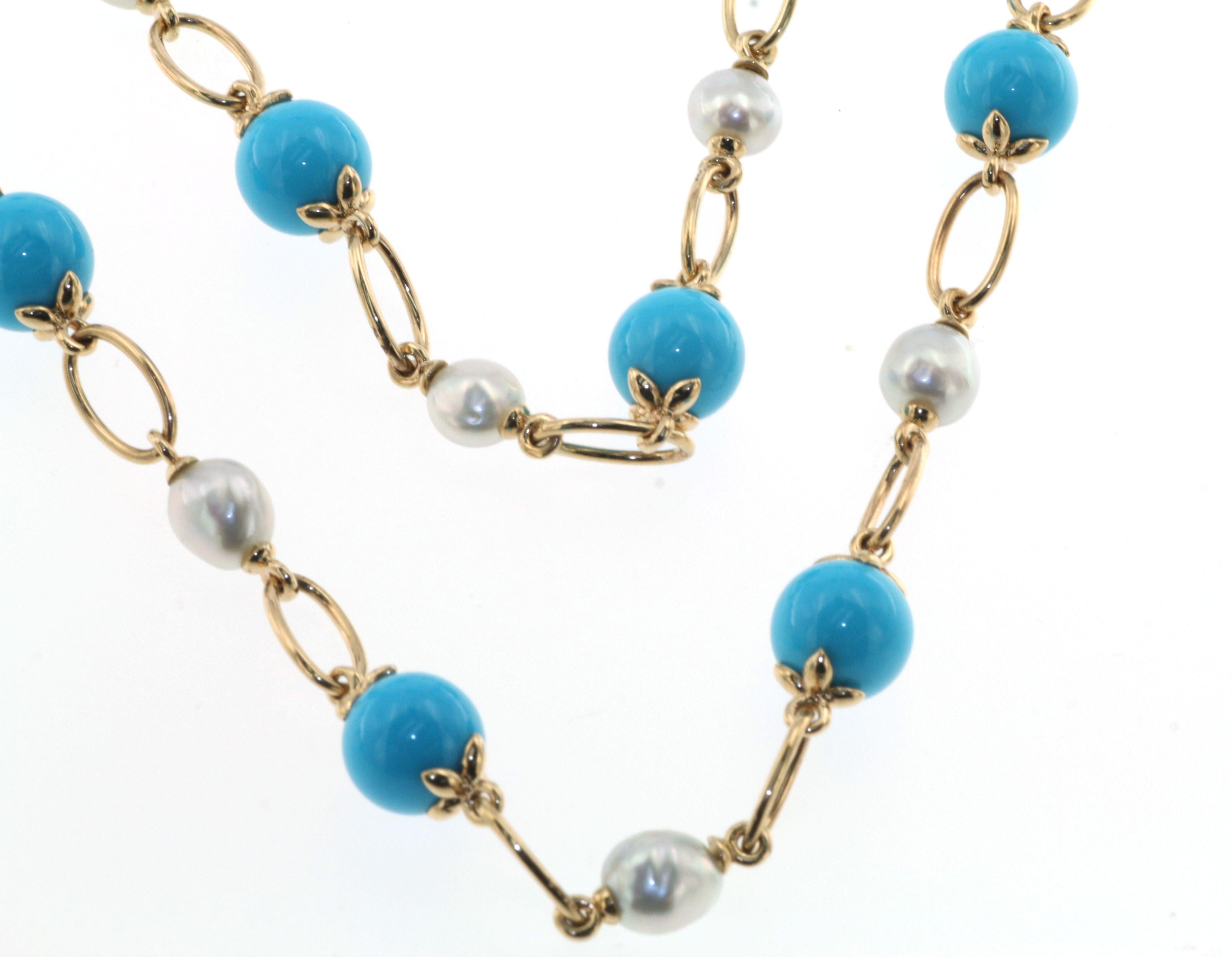 Women's Turquoise South Sea Pearl Necklace in 14 Karat Yellow Gold