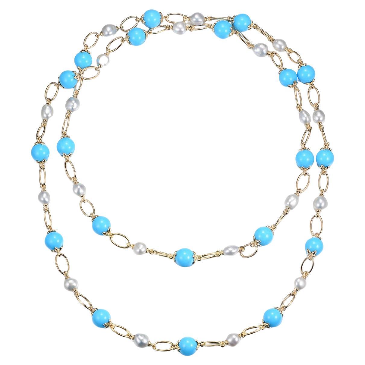 Turquoise South Sea Pearl Necklace in 14 Karat Yellow Gold