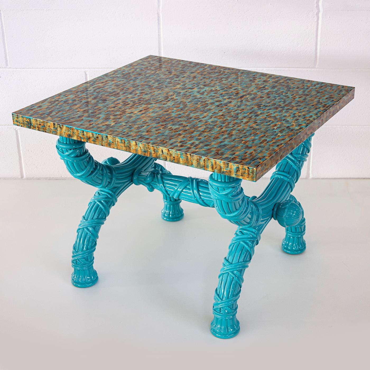 Side table with carved wood base, lacquered blue turquoise. The top is hand-painted wood with a high gloss finish. A touch of joyful colors to enlighten any living! This side table is a unique piece designed by G. Ventura.