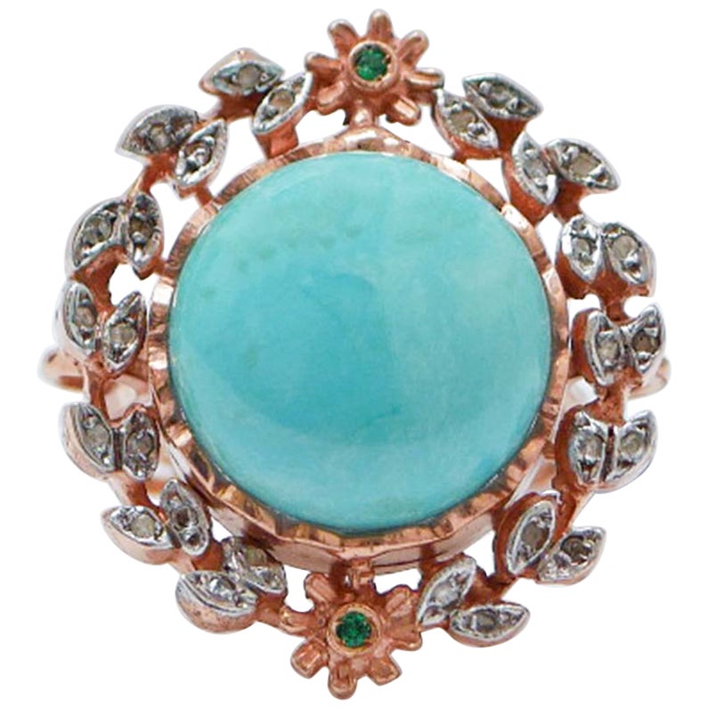 Turquoise, spinelle, diamants, bague en or rose et argent. en vente