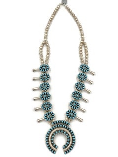 Turquoise Squash Blossom Kingman Stone Necklace Earring set by Jeffrey James