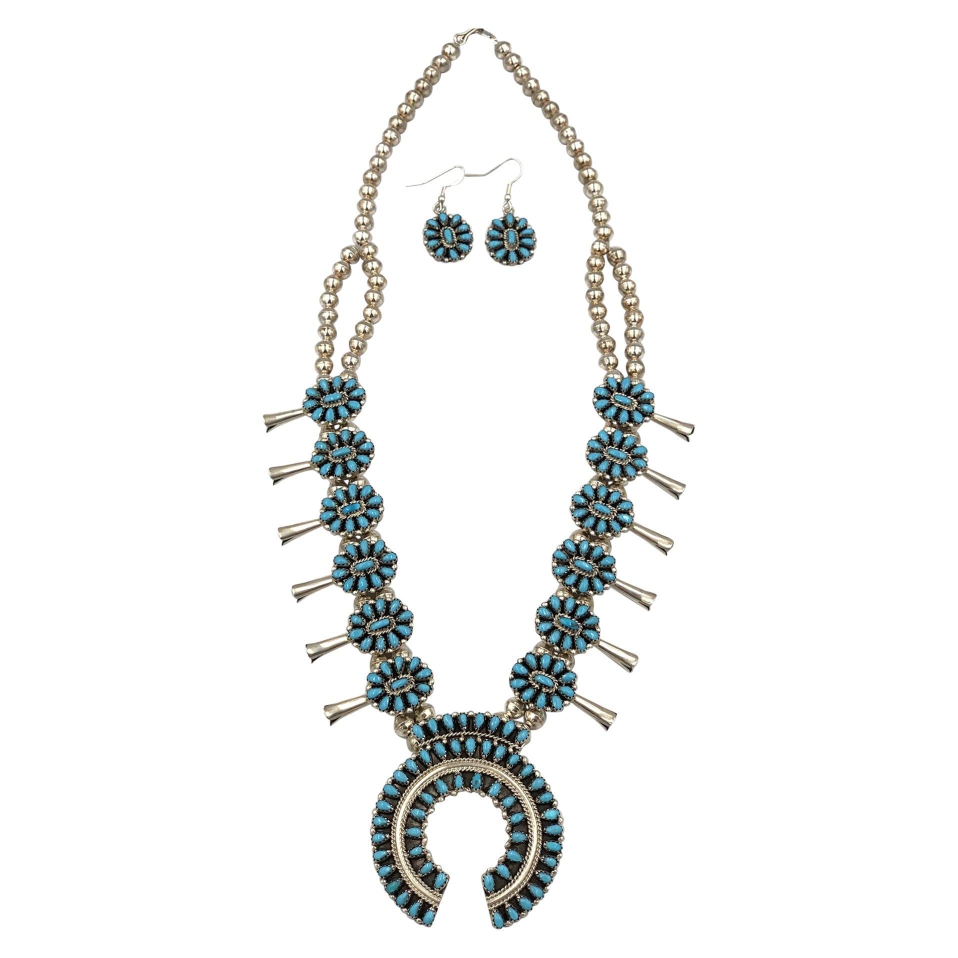 Turquoise Squash Blossom Kingman Stone Necklace Earring set by Jeffrey James For Sale