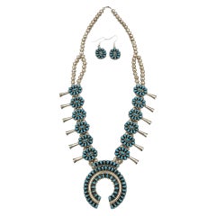Turquoise Squash Blossom Kingman Stone Necklace Earring set by Jeffrey James