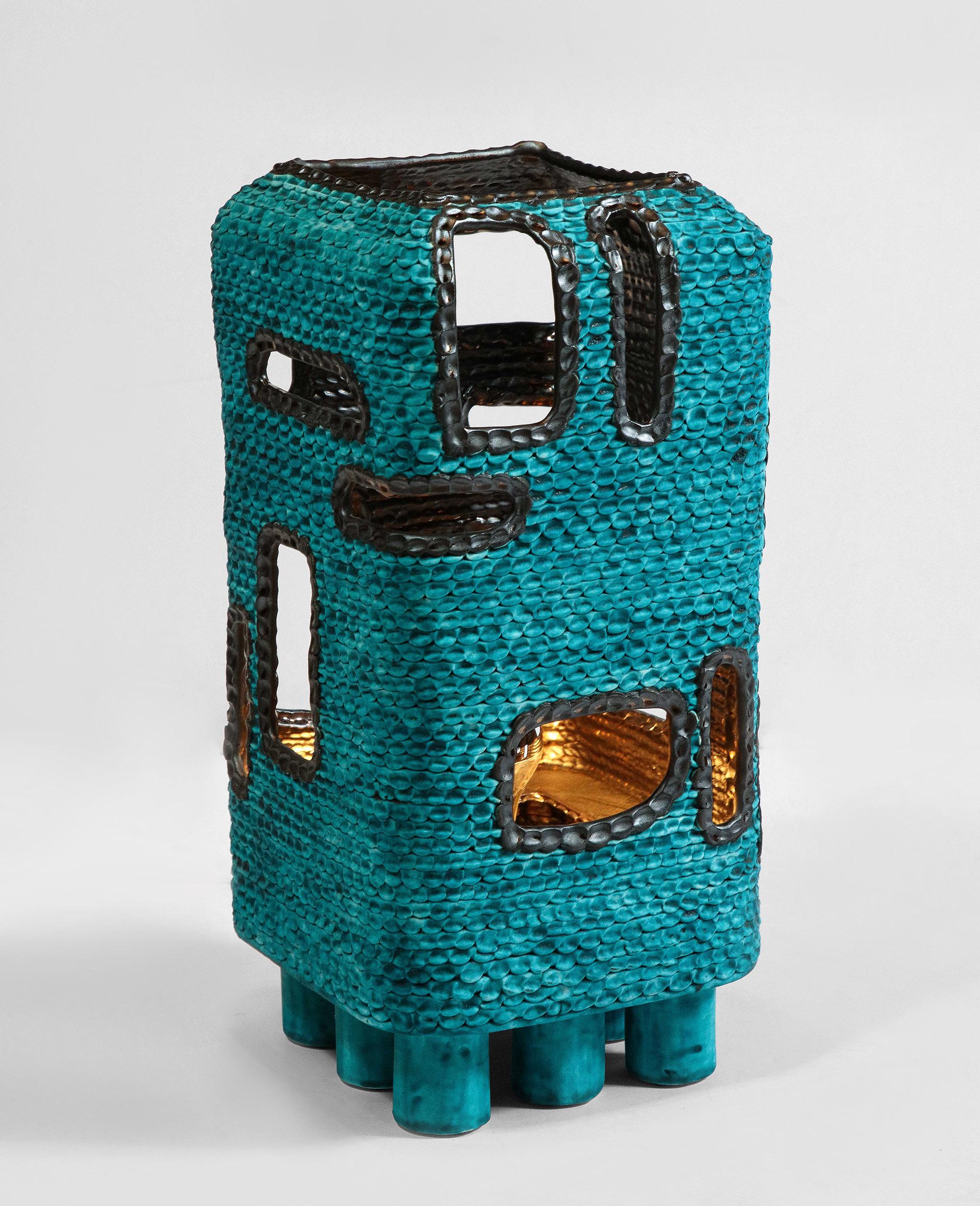 Glazed Turquoise Standing Lantern by Colleen Carlson For Sale