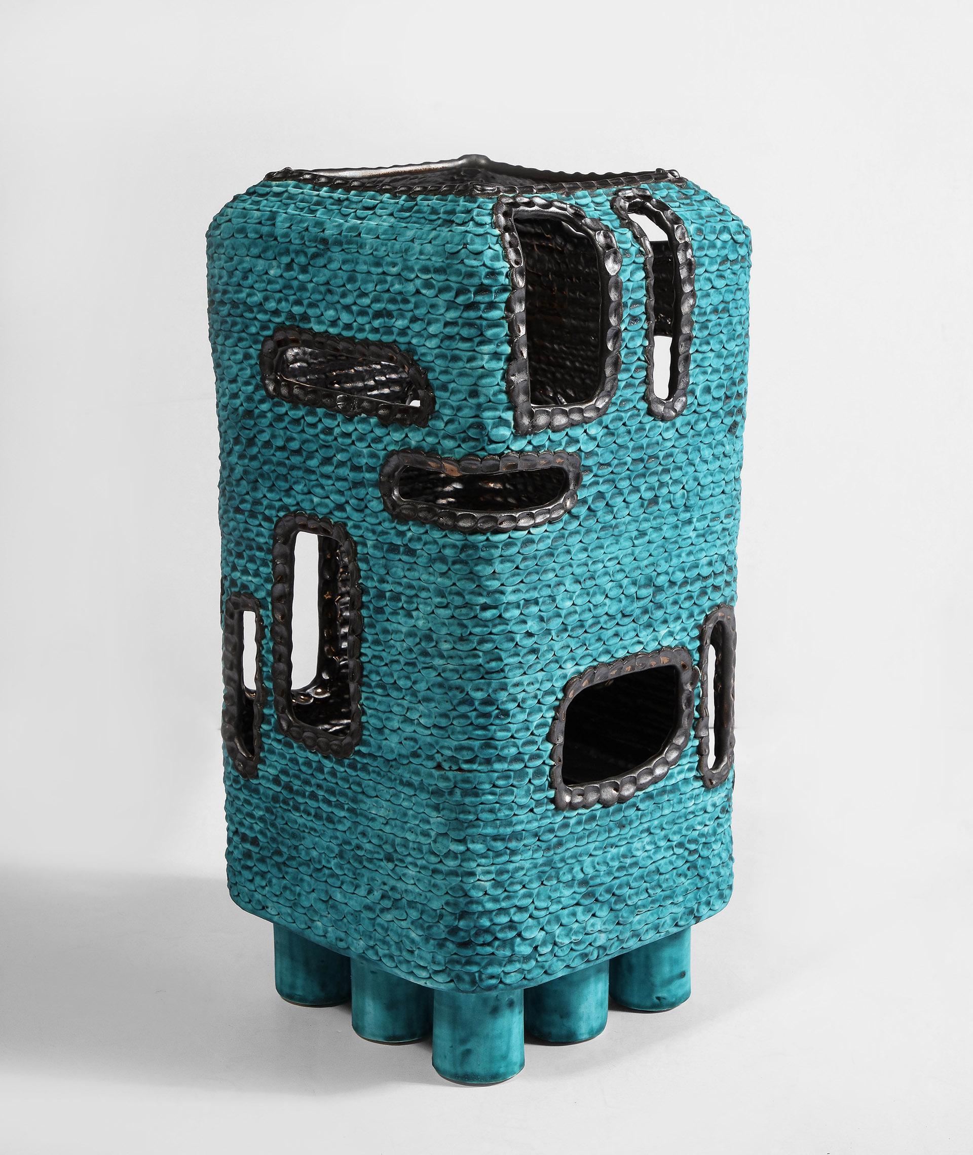 Turquoise Standing Lantern by Colleen Carlson In New Condition For Sale In Lyndhurst, NJ