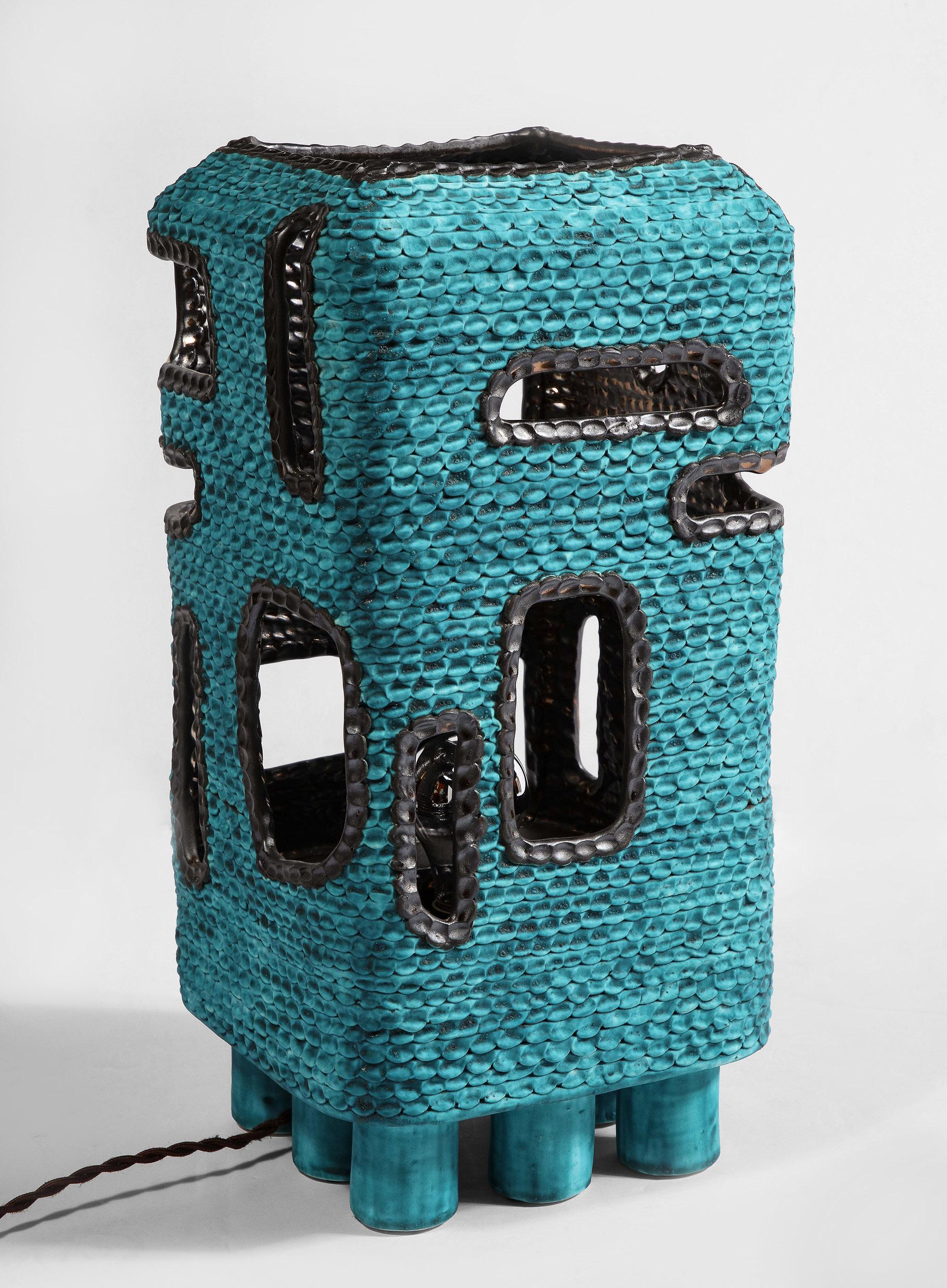 Contemporary Turquoise Standing Lantern by Colleen Carlson For Sale