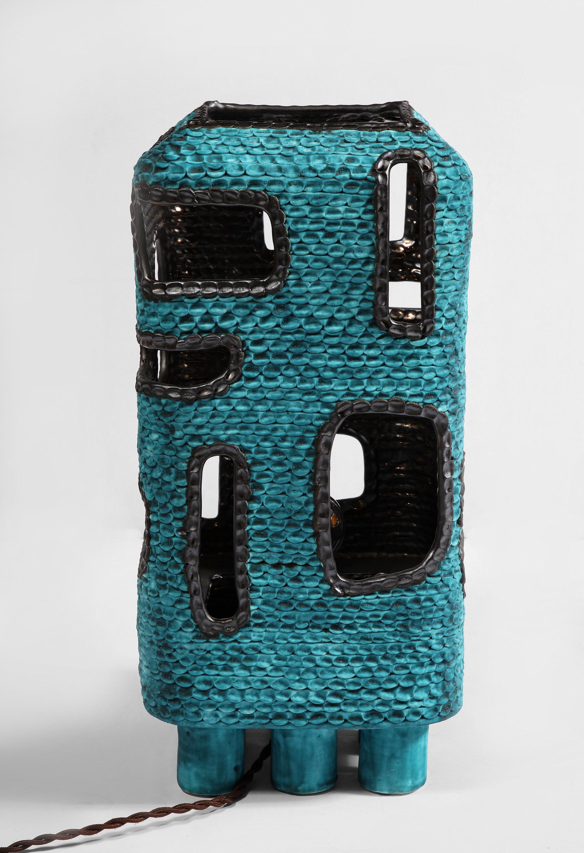 Ceramic Turquoise Standing Lantern by Colleen Carlson For Sale