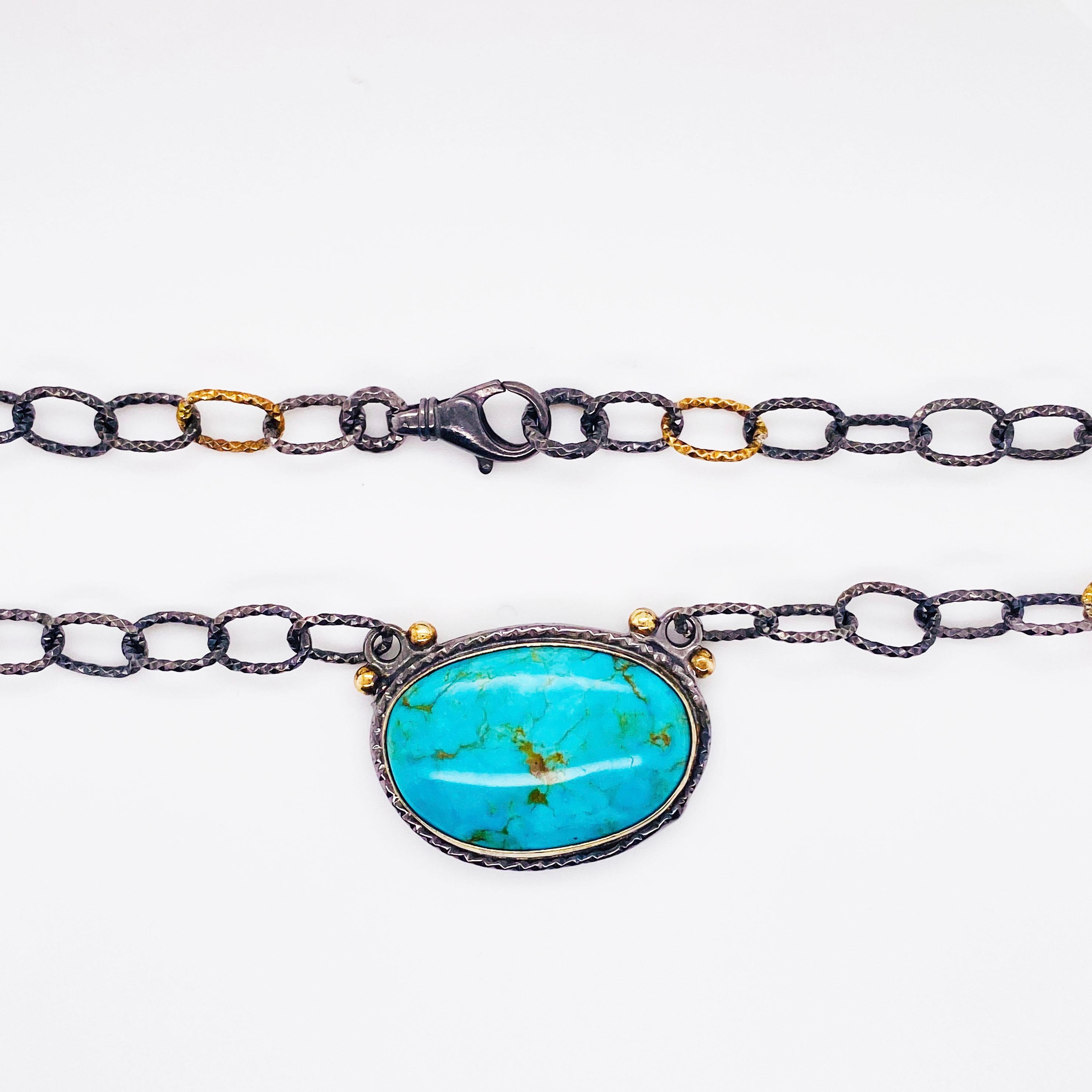 Modern Turquoise Statement Necklace in Sterling Silver Bezel and Handmade Chain