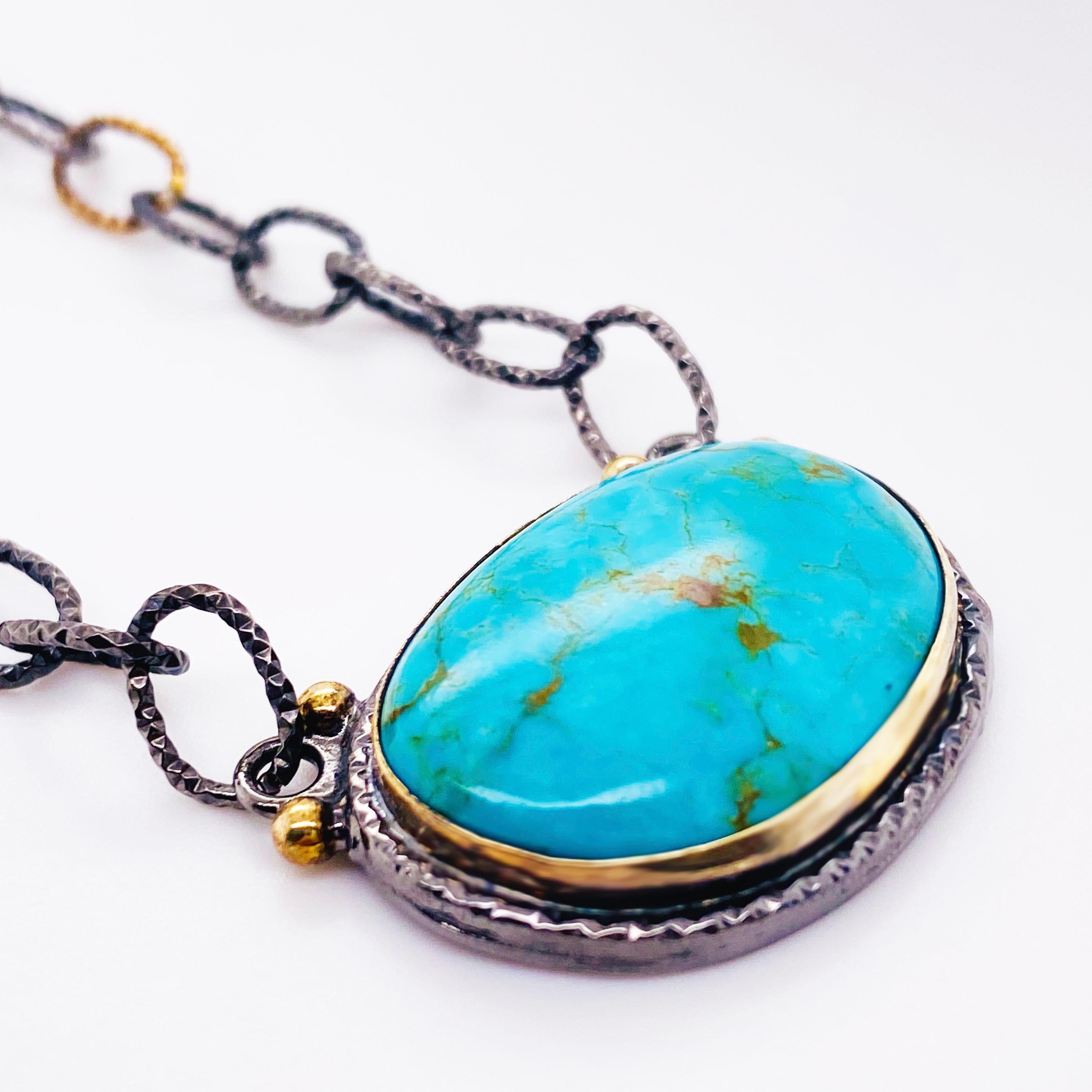 Cabochon Turquoise Statement Necklace in Sterling Silver Bezel and Handmade Chain