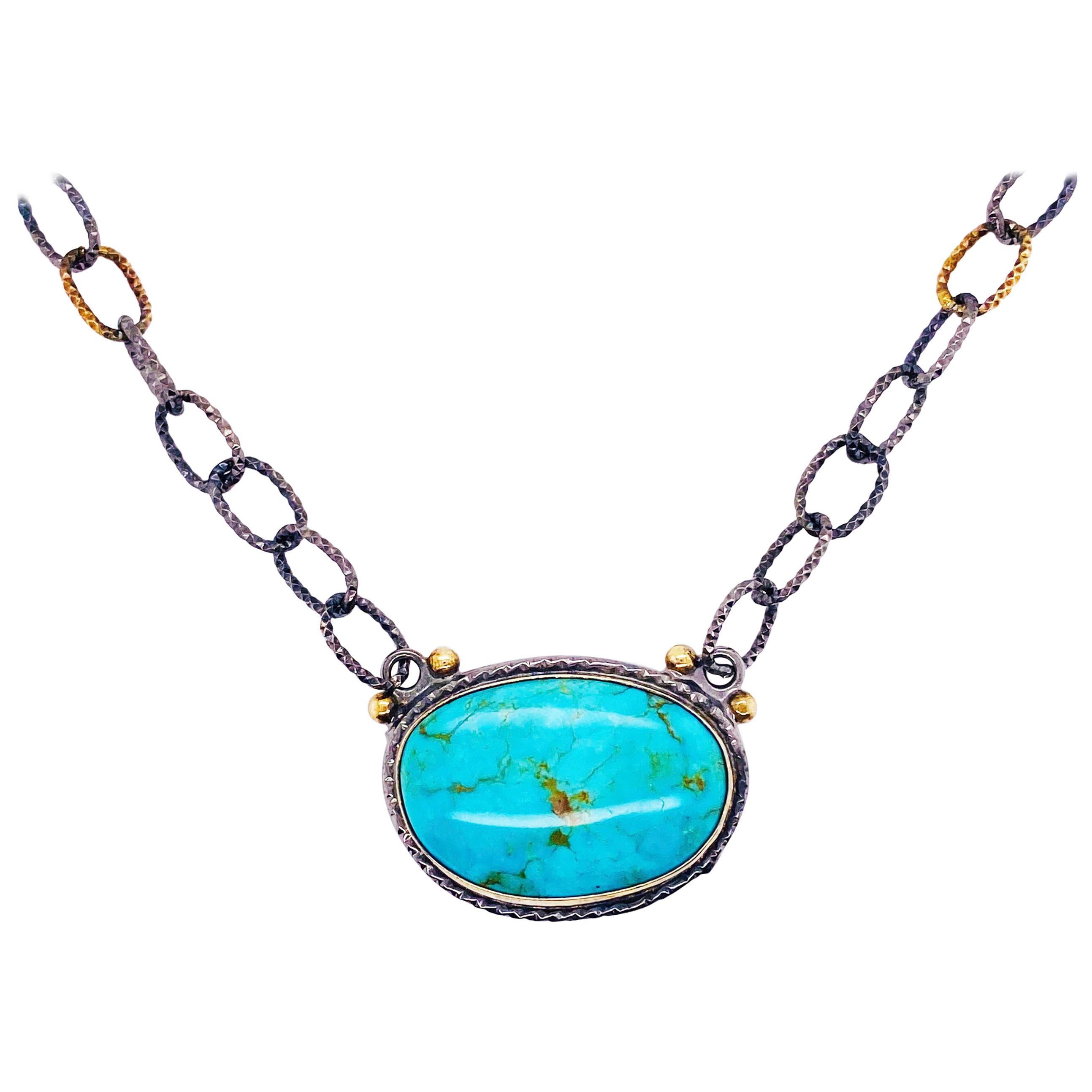 Turquoise Statement Necklace in Sterling Silver Bezel and Handmade Chain