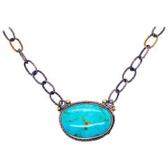 Turquoise Statement Necklace in Sterling Silver Bezel and Handmade Chain