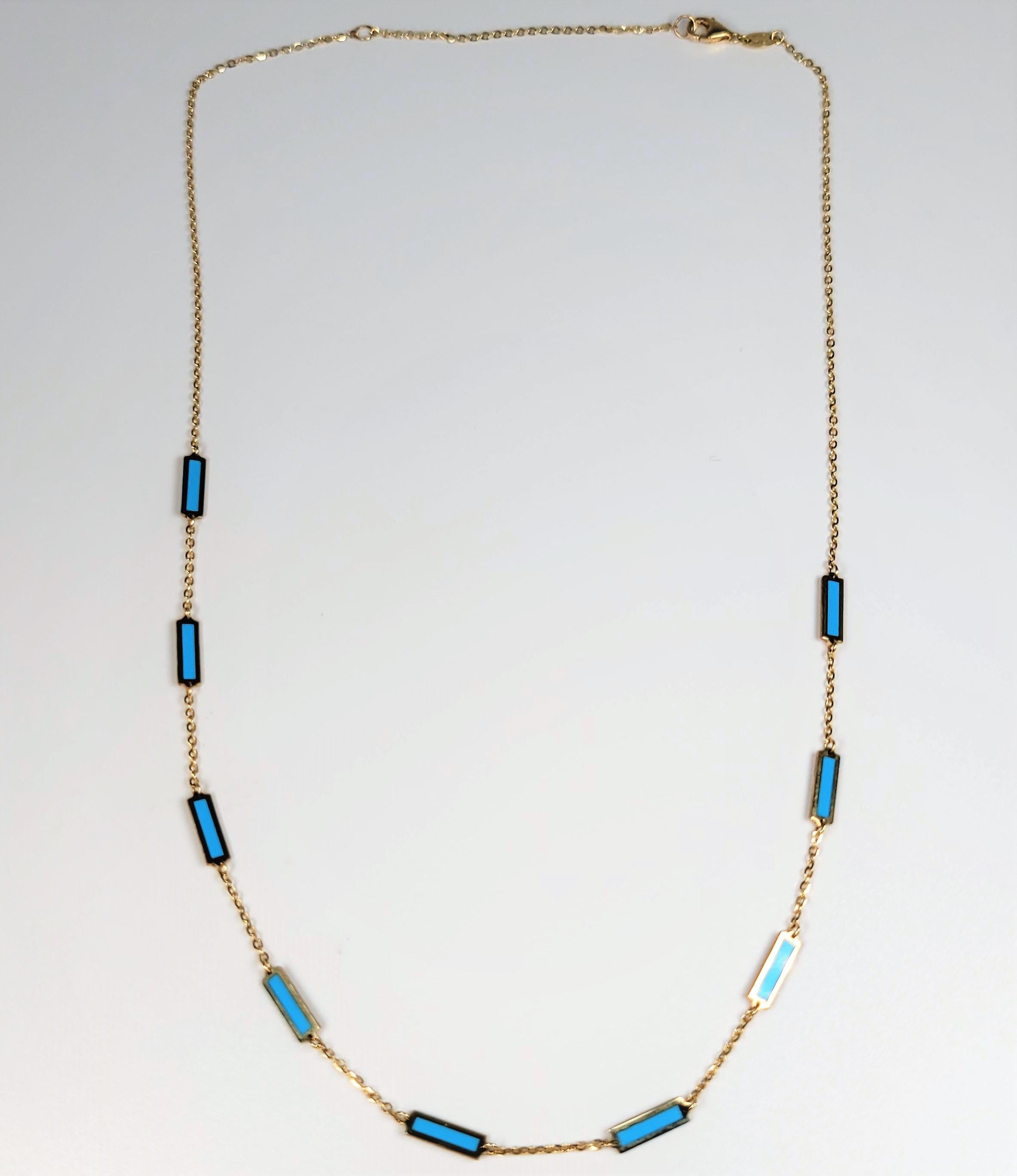 Turquoise Station Necklace in 14 Karat Yellow Gold In New Condition For Sale In Dallas, TX