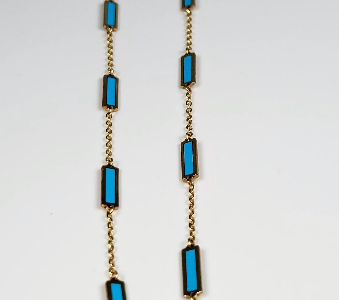 Turquoise Station Necklace in 14 Karat Yellow Gold For Sale 1