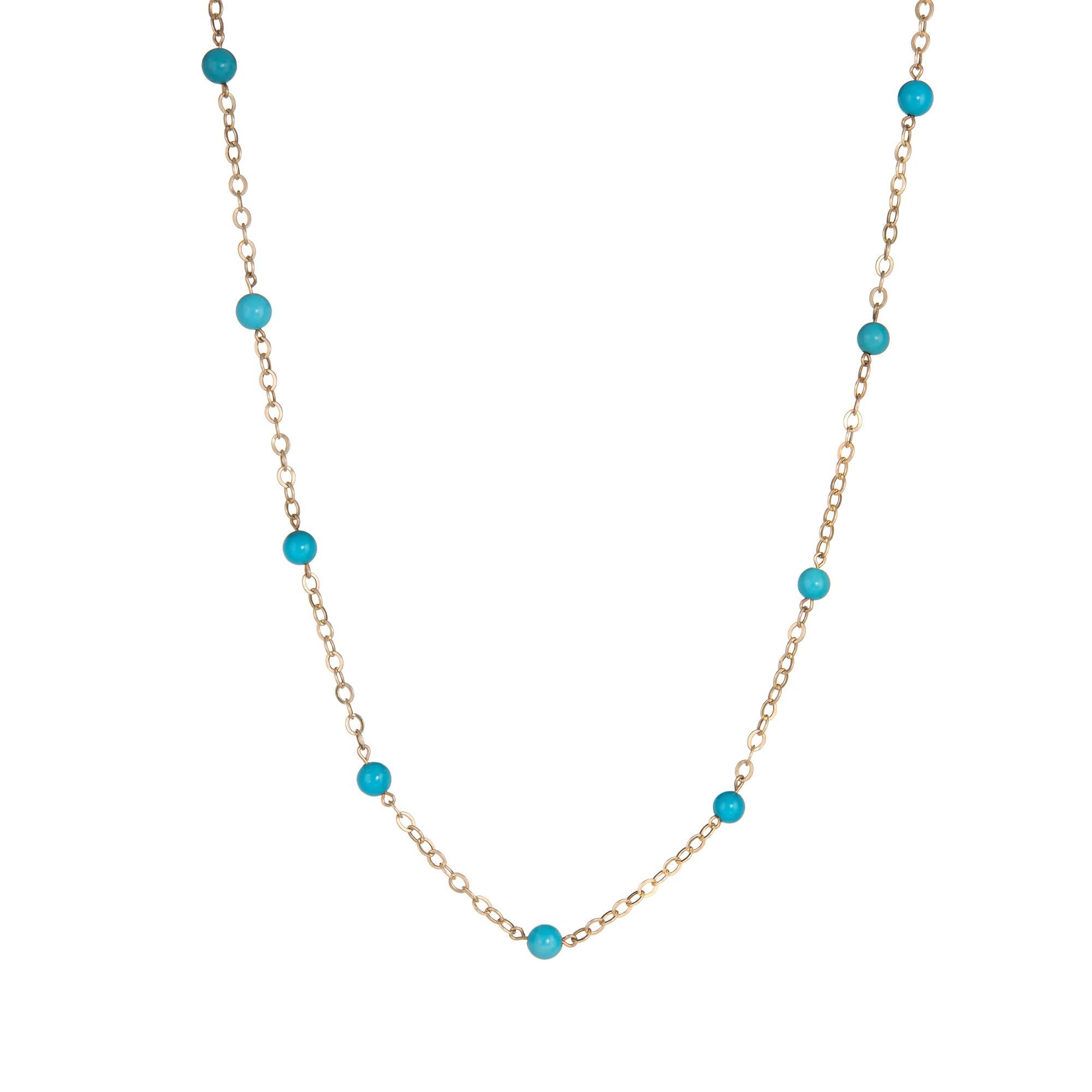 Finely detailed vintage turquoise station necklace crafted in 14k yellow gold.  

Turquoise beads are uniform in size and measure 5mm each. The turquoise is in excellent condition and free of cracks or chips.   

The stylish 19