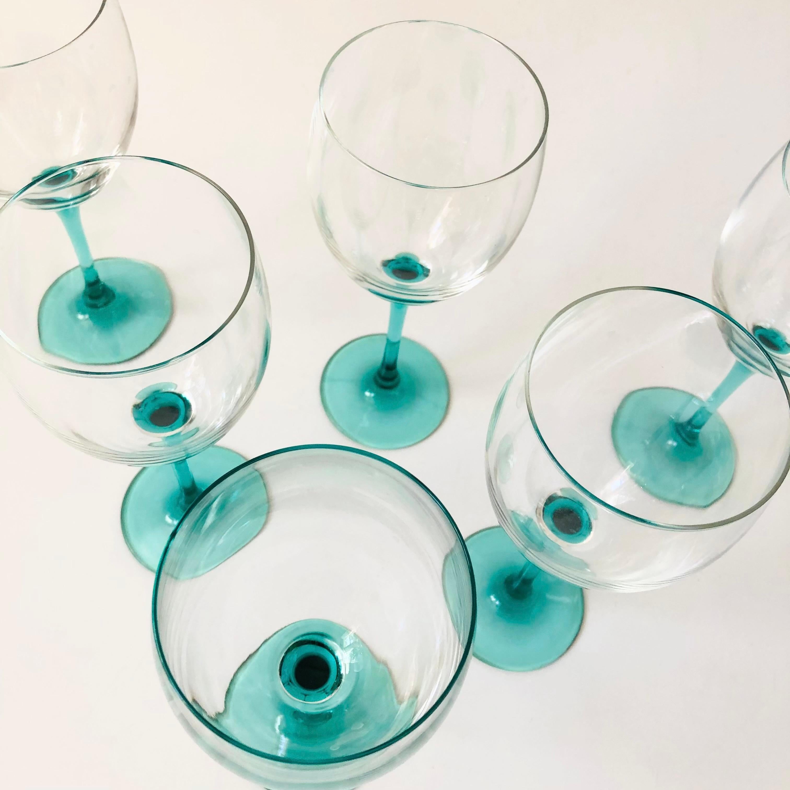 Modern Turquoise Stem Wine Glasses by Luminarc France - Set of 6