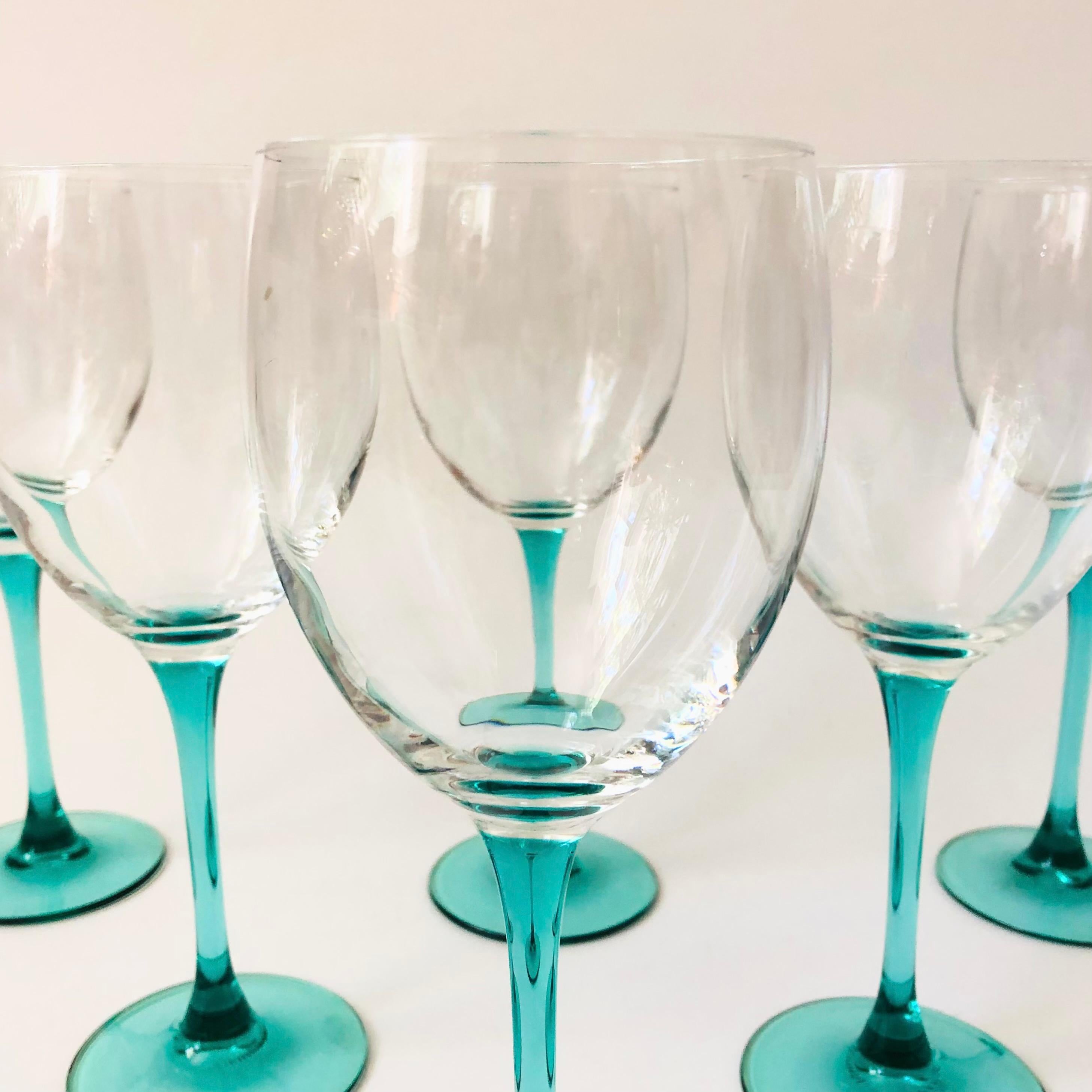 French Turquoise Stem Wine Glasses by Luminarc France - Set of 6