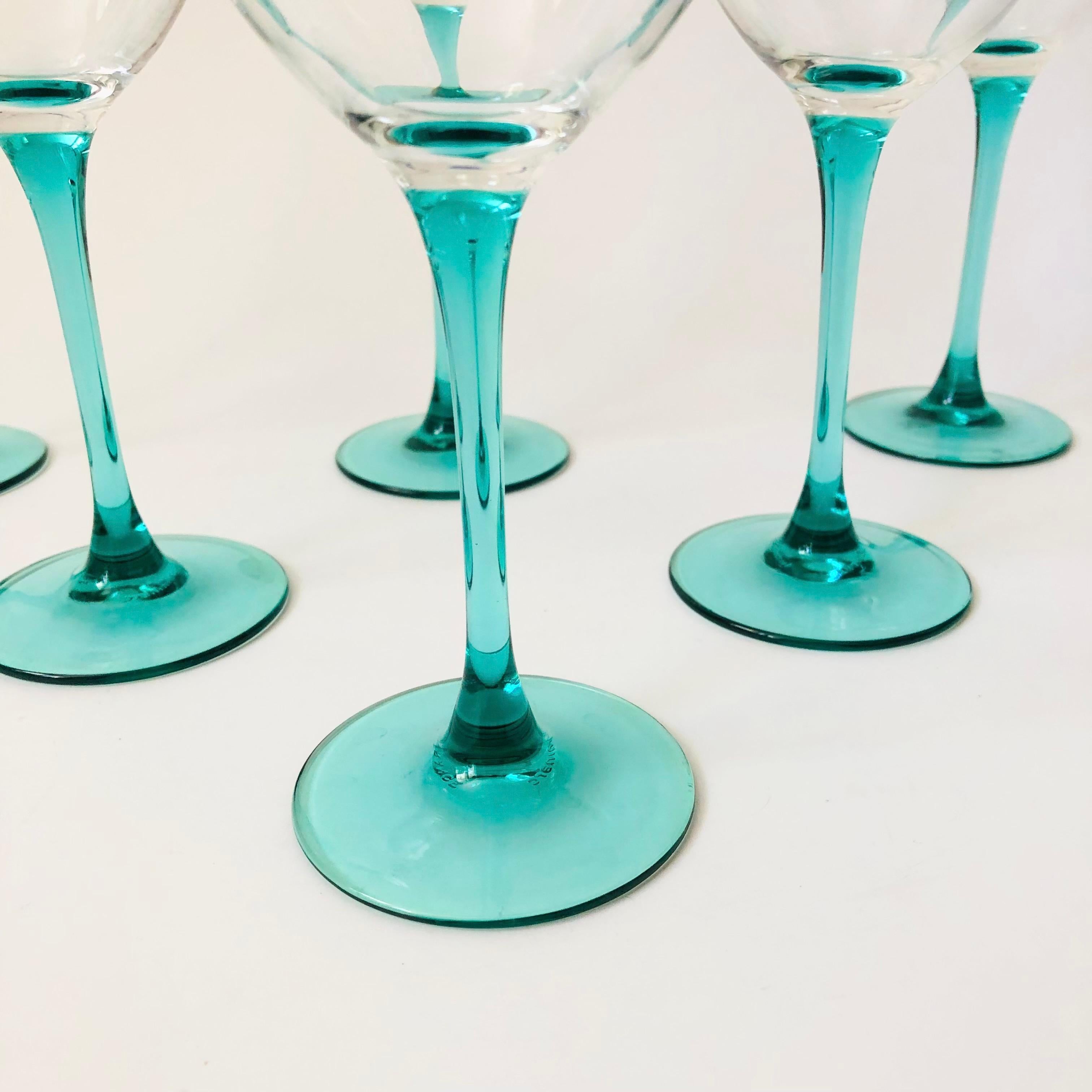Turquoise Stem Wine Glasses by Luminarc France - Set of 6 In Good Condition In Fairfield, CA