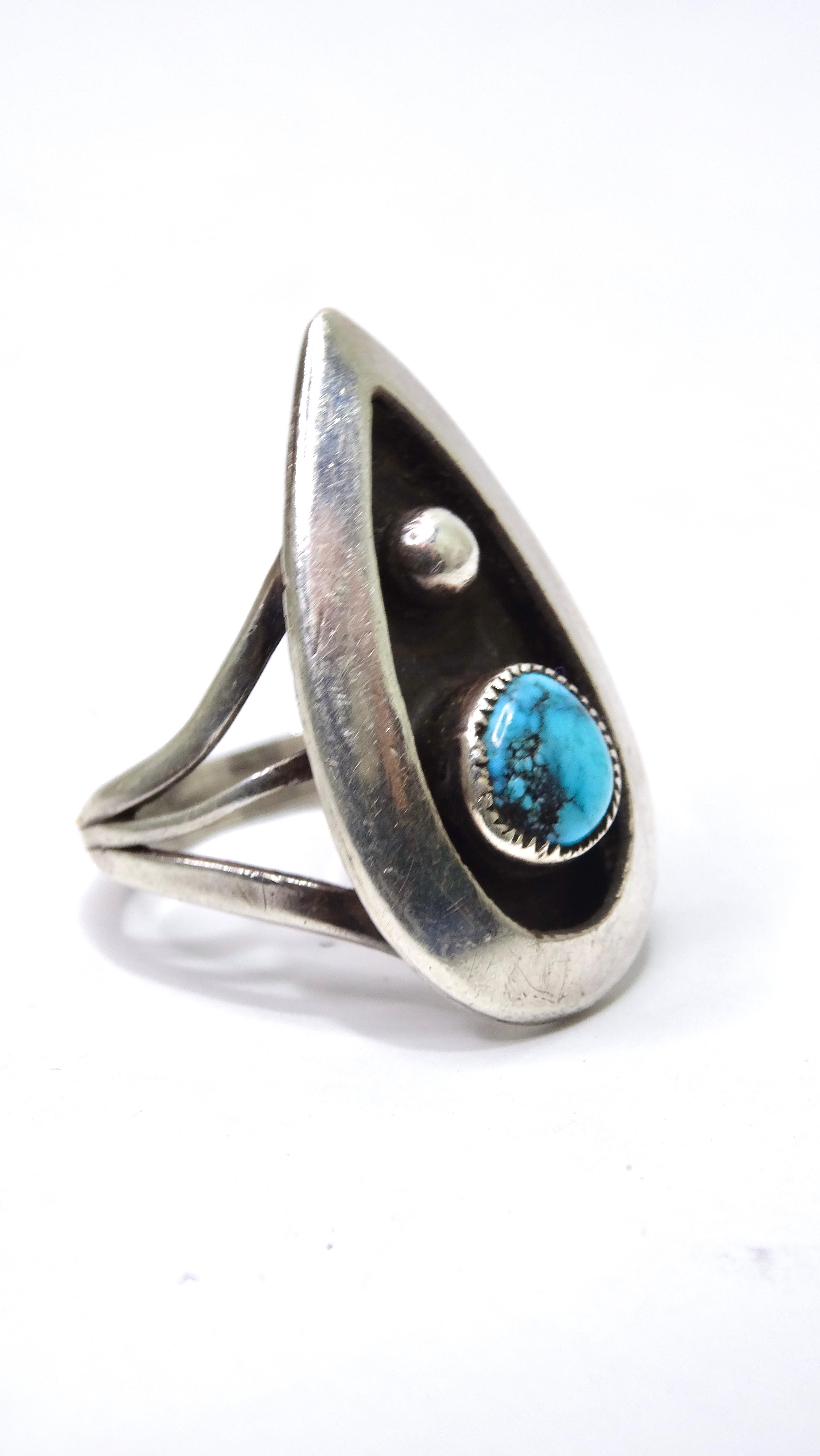 Rough Cut Turquoise Sterling Silver Pear-Shaped Ring For Sale