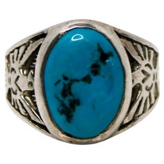 Turquoise Sterling Silver Southwest Thunderbird Motif Mens Ring